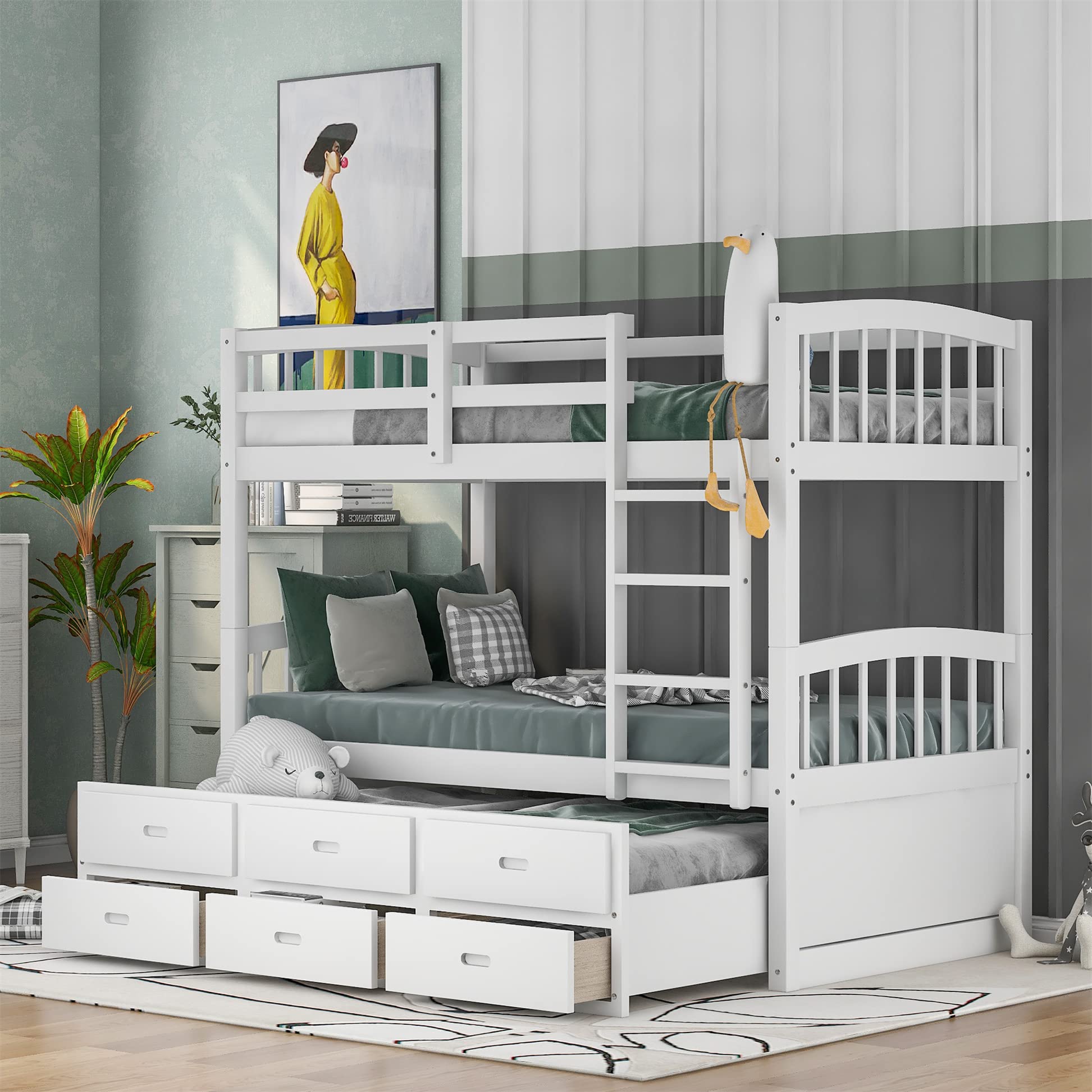 Harper & Bright Designs Solid Wood Twin Over Twin Bunk Bed with Trundle - 3 Storage Drawers, Safety Rail, Convertible to 2 Beds - No Box Spring Needed (White) | Perfect for Kids' Bedroom, Guest Room & Space-Saving Solutions