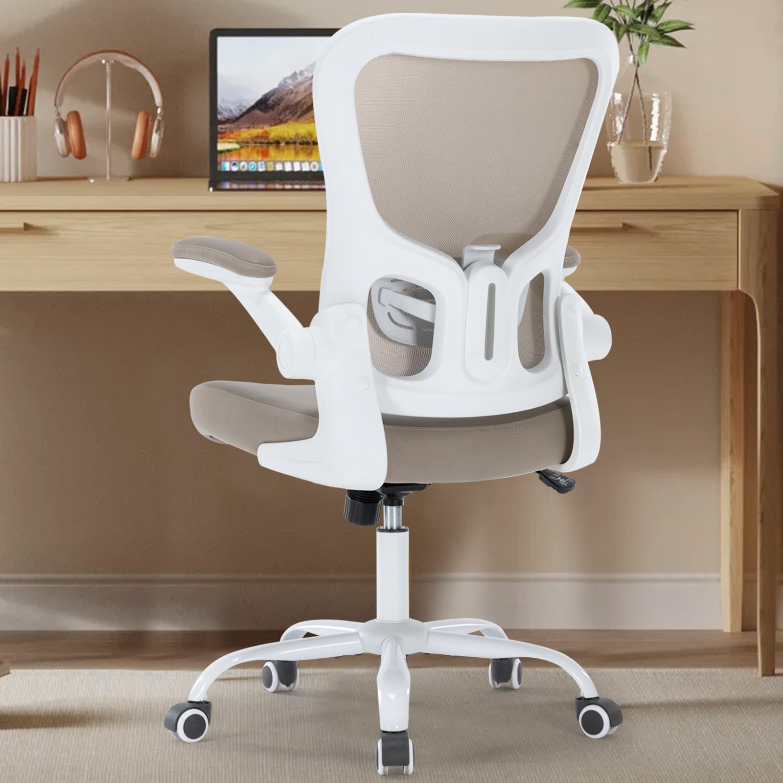 Ergonomic Office Chair with Flip-Up Armrests & Lumbar Support - PU Leather Computer Desk Chair with Thickened Cushion - Swivel Mesh Task Chair for Home Office (Khaki) - Perfect for Long Work Hours & Remote Work Setup