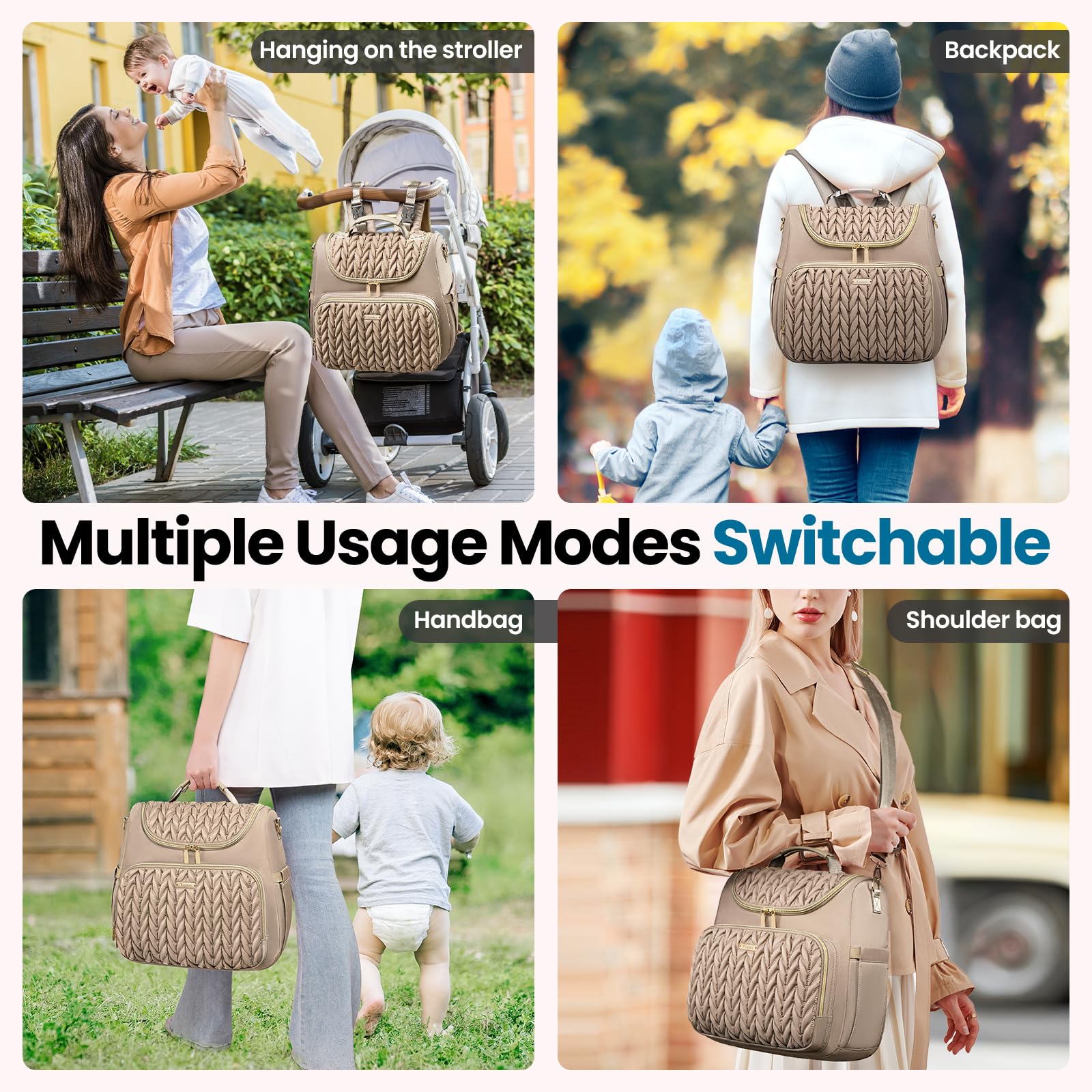 4 in 1 Convertible Diaper Bag Backpack - Waterproof Baby Diaper Bag with Changing Pad - Converts to Tote, Backpack, Stroller Bag & Crossbody - Perfect for Travel, Shopping & Parenting On-The-Go