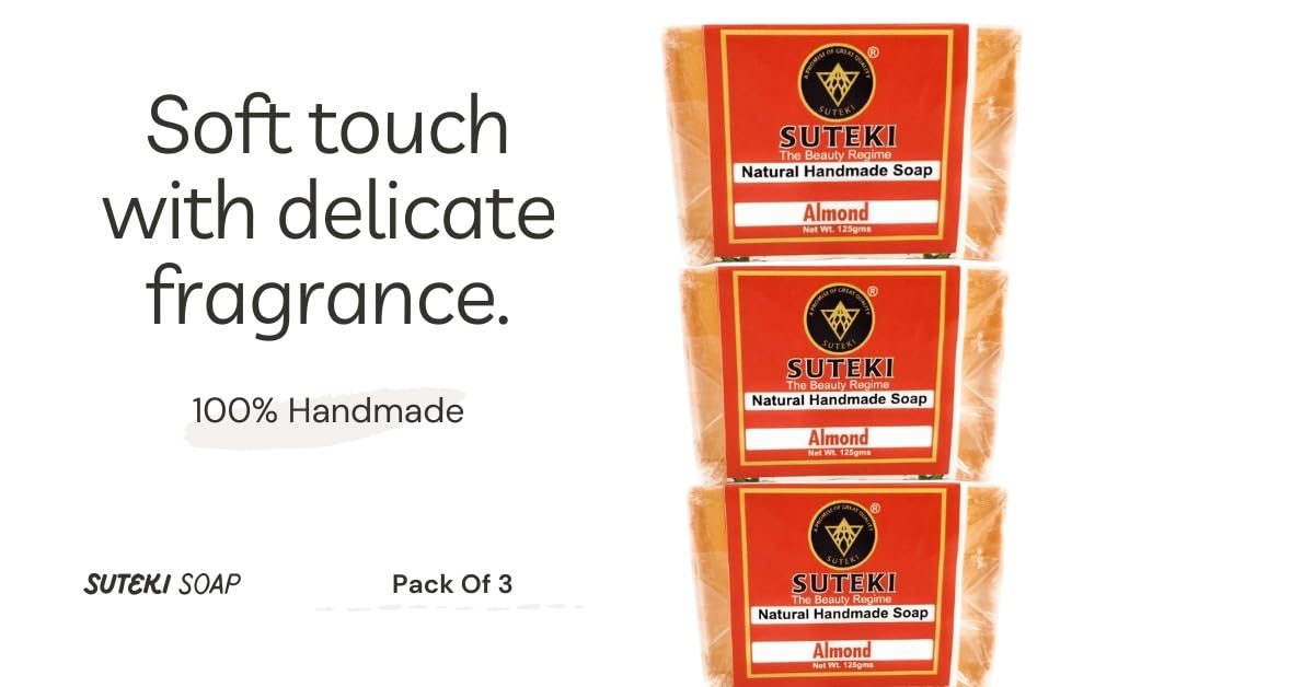 **SUTEKI Natural Handmade Soap Bar - Herbal & Nourishing Glycerin Soap for All Skin Types, 100% Handcrafted (Almond, Pack of 3) - Perfect for Sensitive Skin, Daily Cleansing & Aromatherapy**