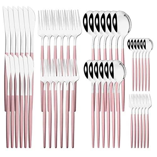 24/48Pcs Stainless Steel Gold Silverware Set - Red Gold Dinner Knife, Fruit Fork, Spoon Cutlery Set for Kitchen & Dining Tableware | Elegant Pink Silver Finish | Perfect for Wedding, Party, and Formal Dinner Settings