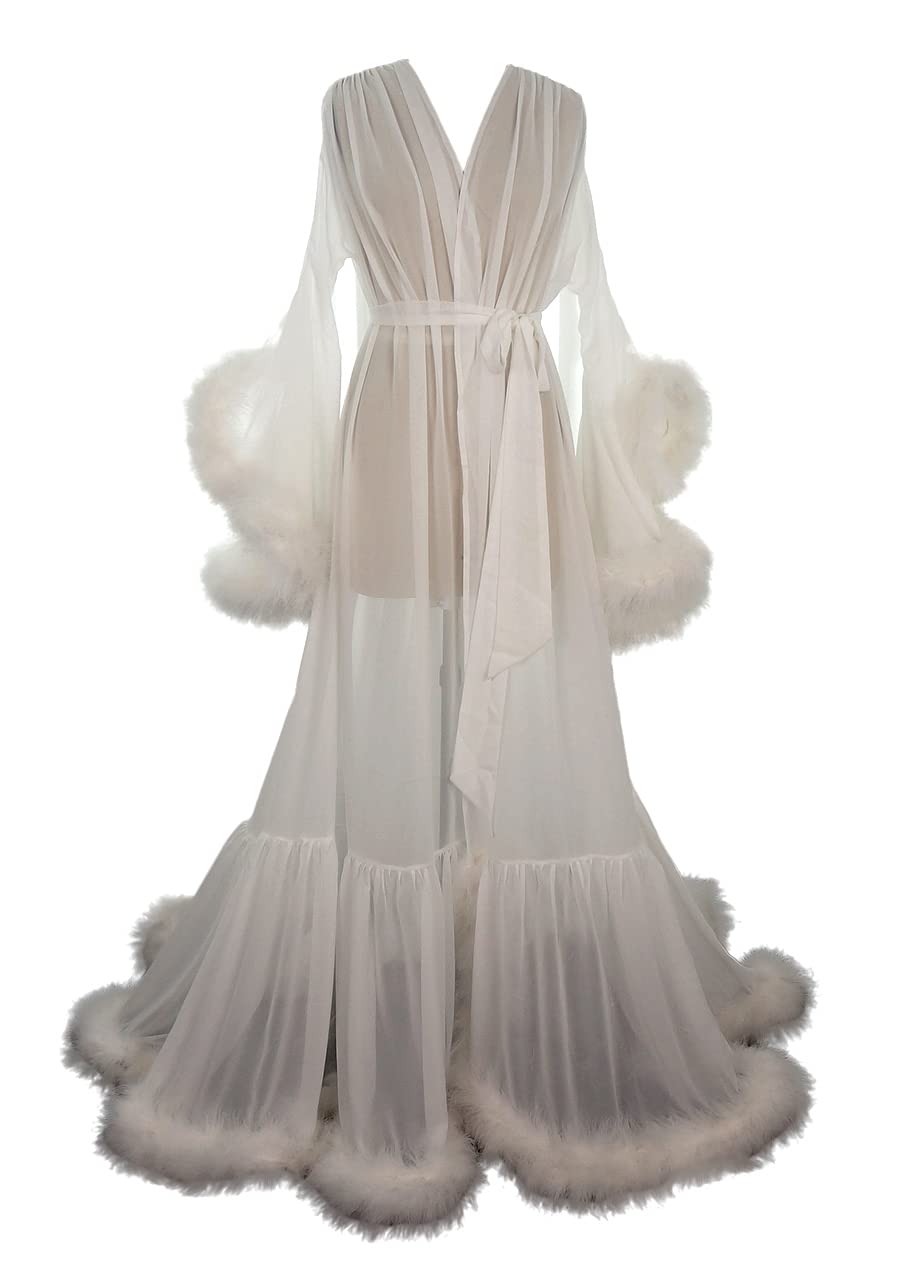 Luxury Bridal Dressing Gown - Sheer Chiffon Kimono with Marabou Trim for Boudoir, Lingerie & Burlesque - Perfect Wedding, Valentine's Day or Birthday Gift for Her - Ideal for Honeymoon, Bridal Shower & Romantic Getaways