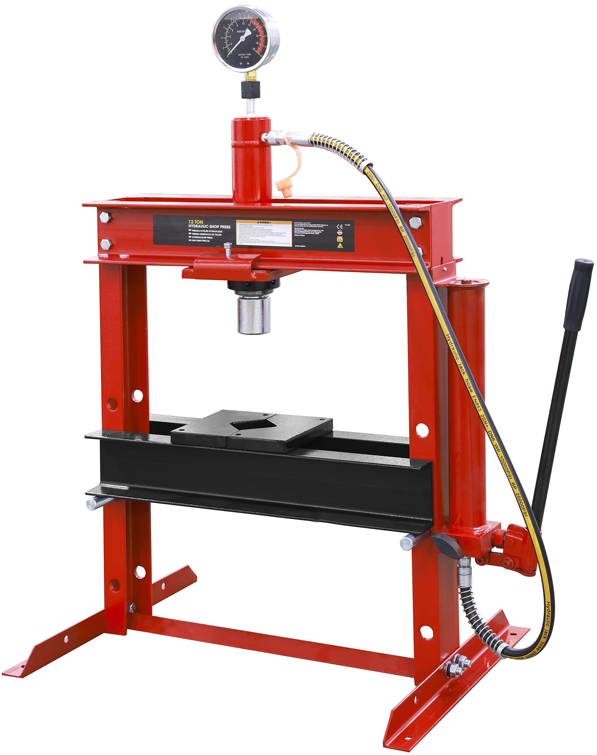 12 Ton (24,000 lb) Capacity Torin ATY12001B-1 H-Shape Hydraulic Bench Press with Stamping Plates - Heavy Duty Garage & Shop Tool for Metalworking, Automotive Repair, and DIY Projects (Red)
