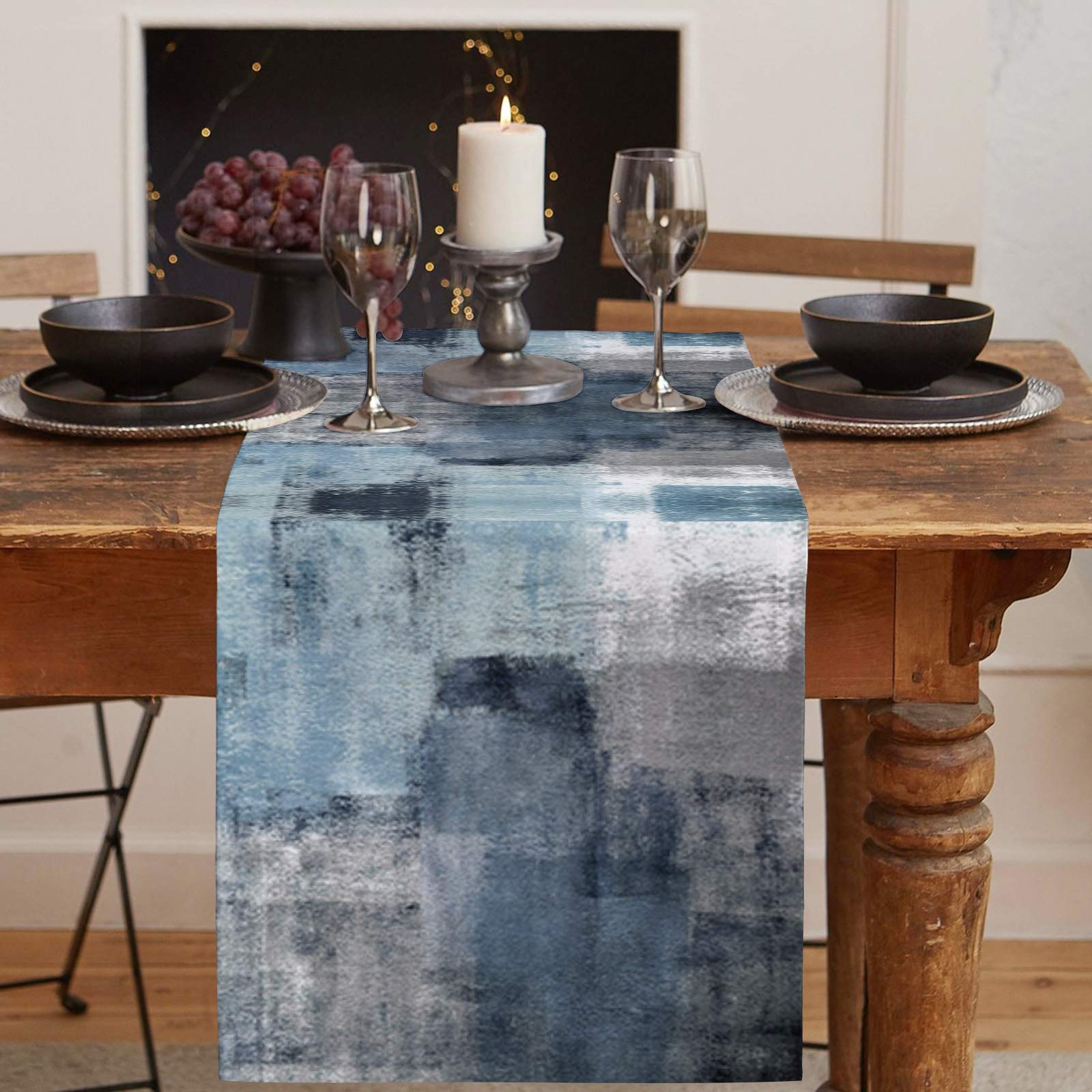 Navy Blue & Gray Abstract Art Dining Table Runner - 108 Inch Long Washable Non-Slip Rectangle Table Cover for Farmhouse, Holiday & Party Decor | Perfect for Coffee Tables, Dressers & Dinner Settings