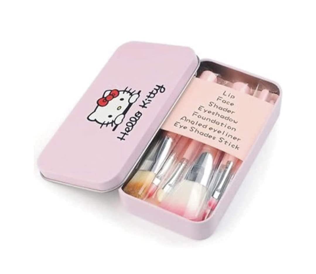 ZemGlam 7-Piece Soft Makeup Brush Set with Hello Kitty Print Storage Box - Anti-Microbial Foam Brushes for Foundation, Blush, Eyeshadow (Pink & Black) | Perfect for Travel & Professional Makeup Artists