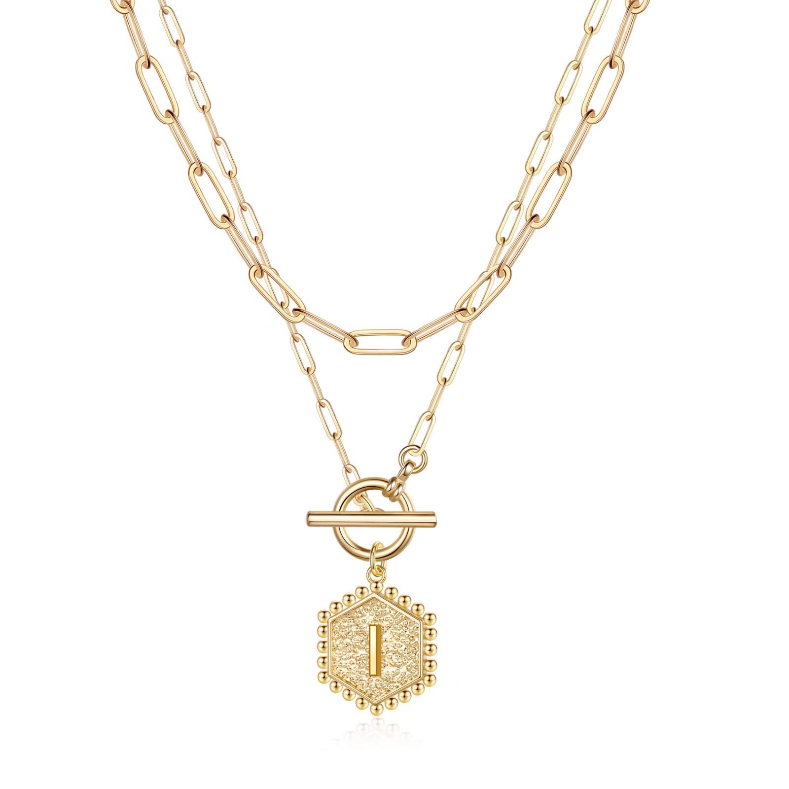 14K Gold Plated Layered Necklace for Women - Rose Gold & Silver Paperclip Chain with Toggle Clasp, Initial Pendant | Elegant Layered Jewelry for Everyday Wear, Office, Date Night & Special Occasions