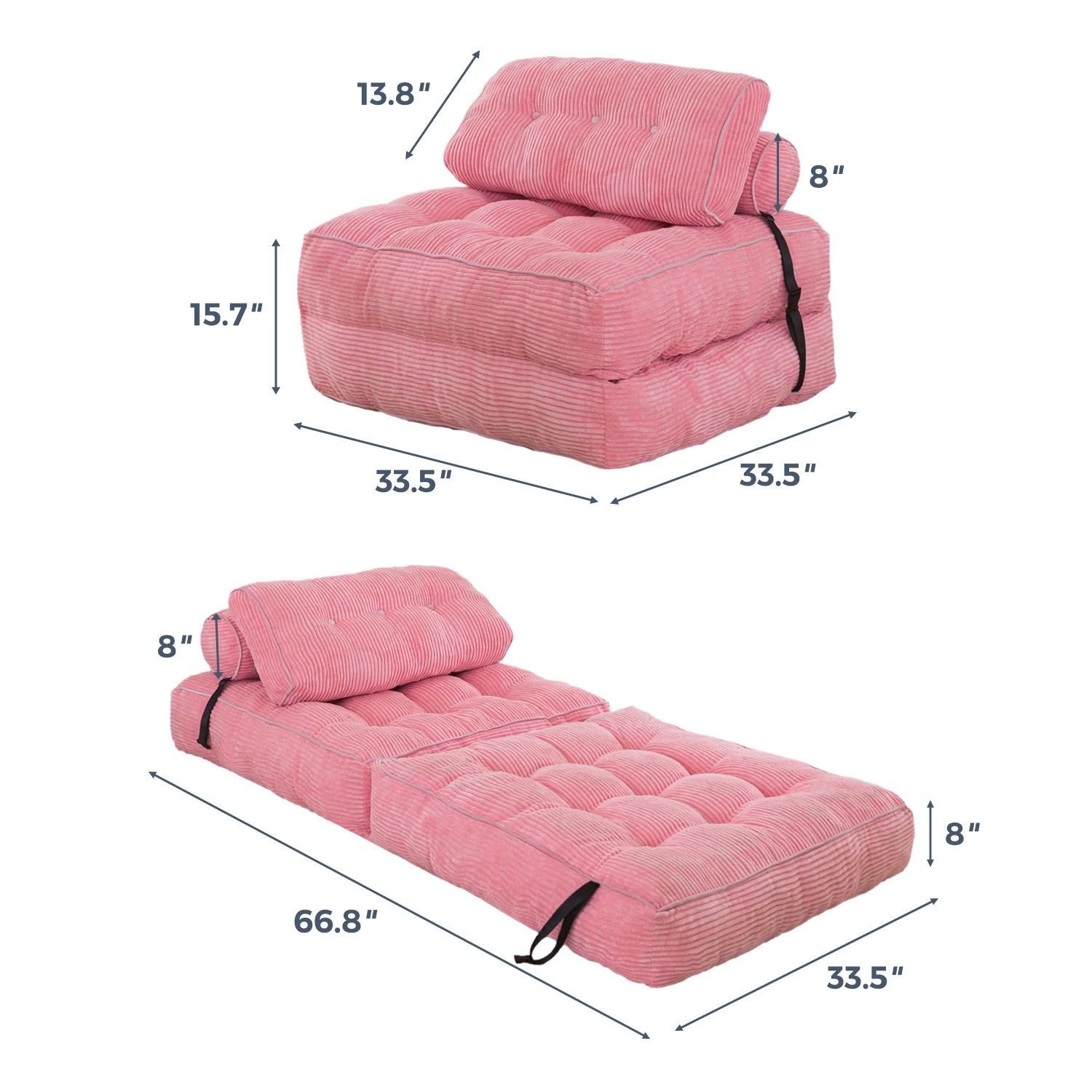 MAXYOYO Corduroy Folding Sofa Bed - Convertible Sleeper Chair with Pillow & Foldable Mattress, Back Support for Living Room, Guest Room & Small Spaces (Pink) - Perfect for Apartments, Dorms & Home Office