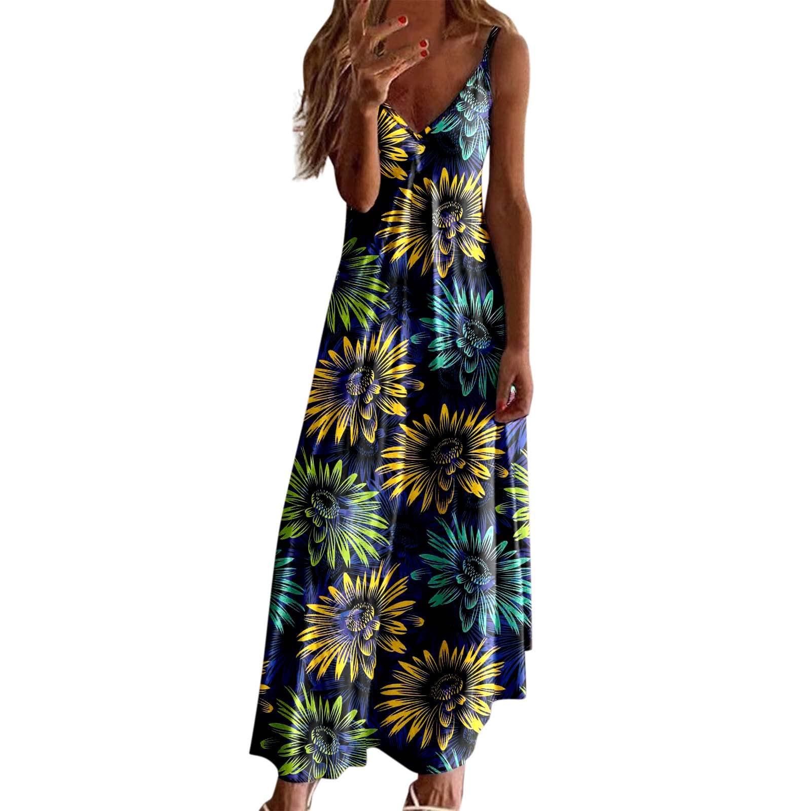Women's Floral Sunflower Print Sleeveless V-Neck Maxi Dress - Loose Fit Summer Swing Dress for Beach, Vacation & Casual Wear