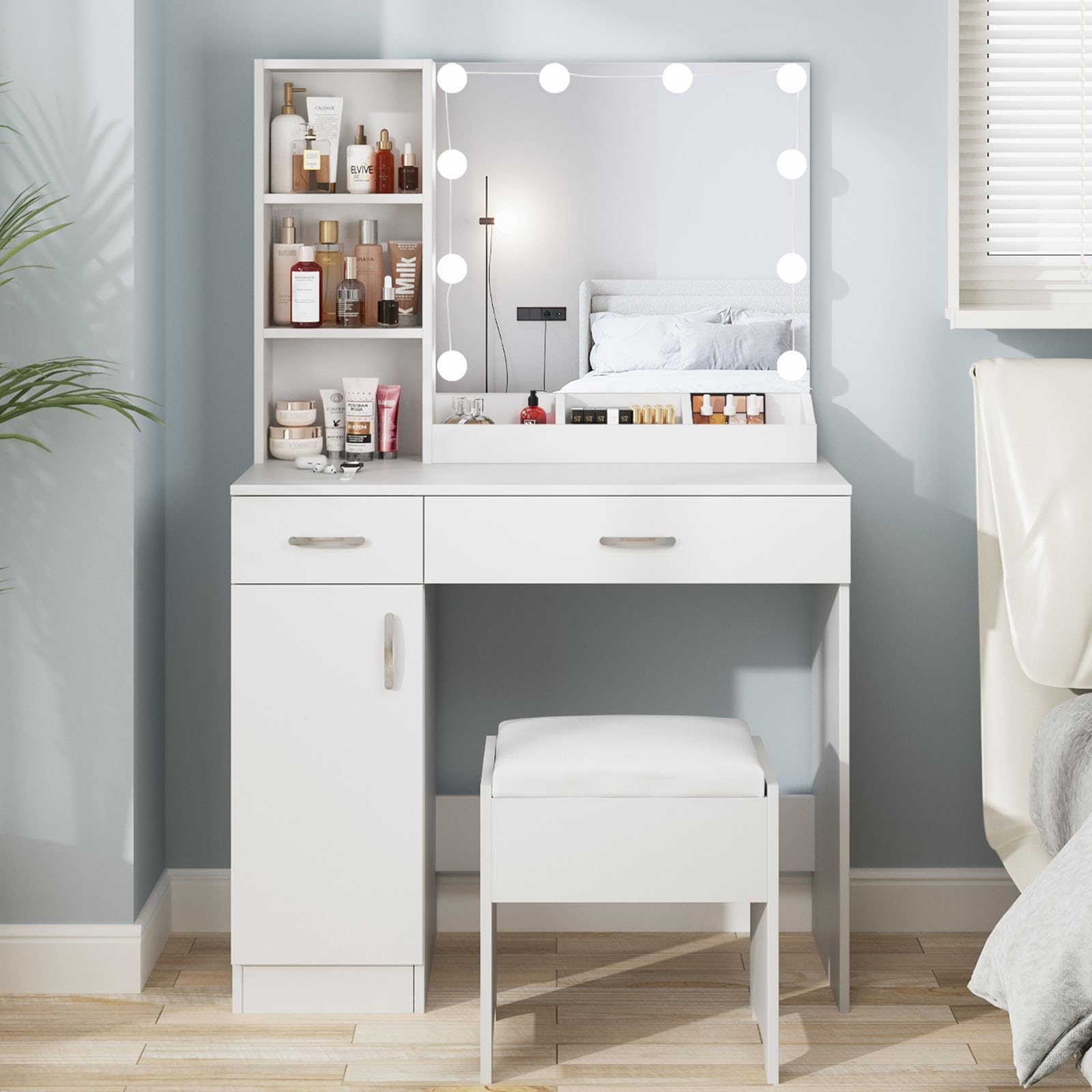 Fameill White Vanity Desk with LED Mirror & 2 Drawers - Adjustable 3-Color Lighting Makeup Table with Storage (35 Inch) - Perfect for Bedroom, Dressing Room & Beauty Salon