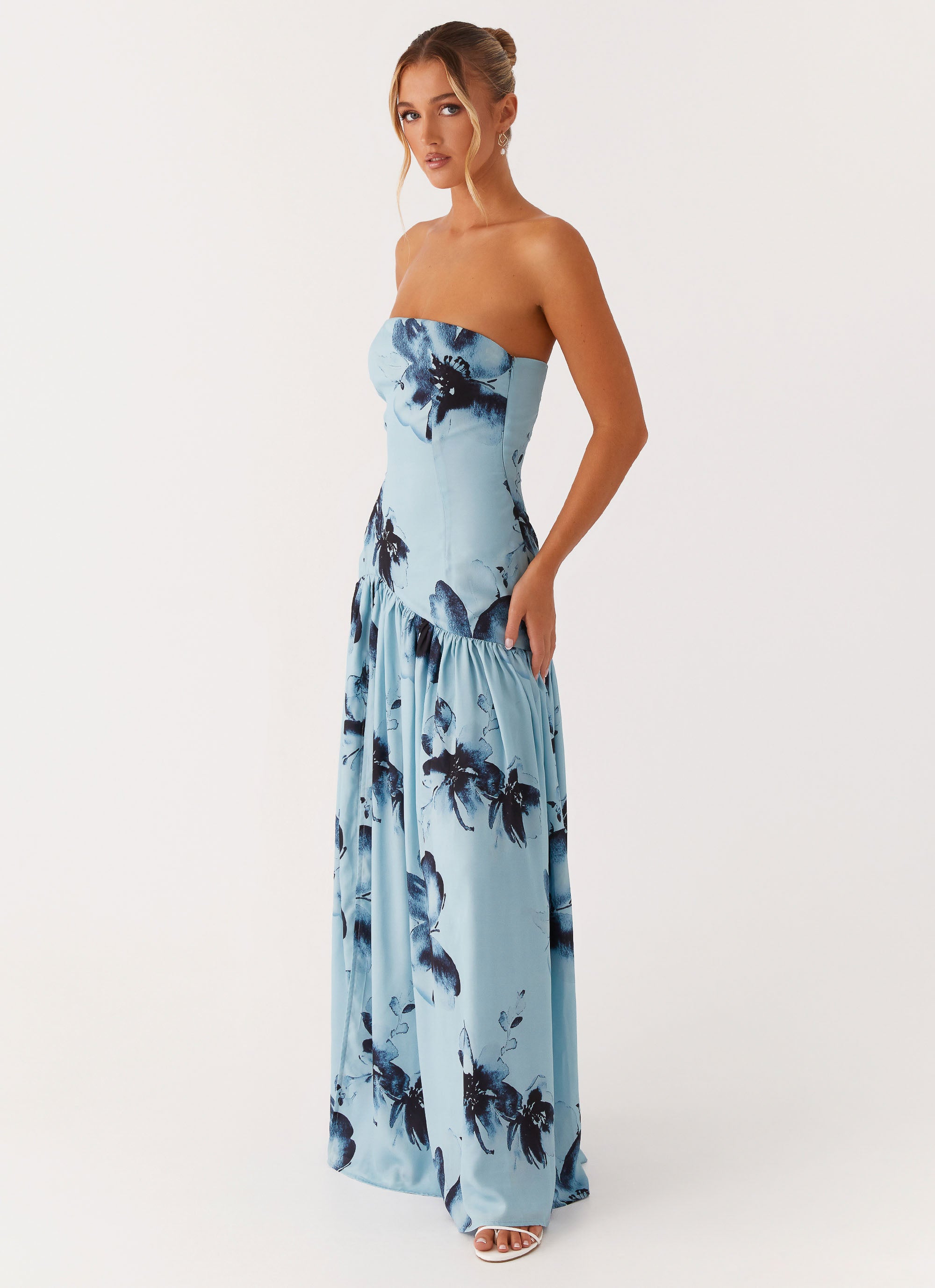 Eden Strapless Maxi Dress - Blue Black Floral Print Summer Beach Wedding Party Dress for Women | Perfect for Vacations, Date Nights & Special Occasions