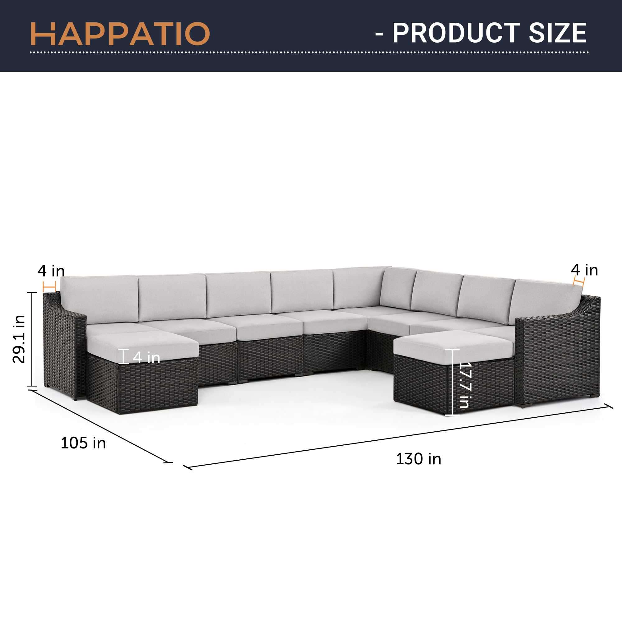 HAPPATIO 10-Piece All-Weather Patio Conversation Set - Brown/Gray Rattan Wicker Outdoor Sectional Sofa with Thick Cushions, Multiple Configuration Options & Easy Setup - Perfect for Backyard, Garden, Poolside & Outdoor Lounge Areas