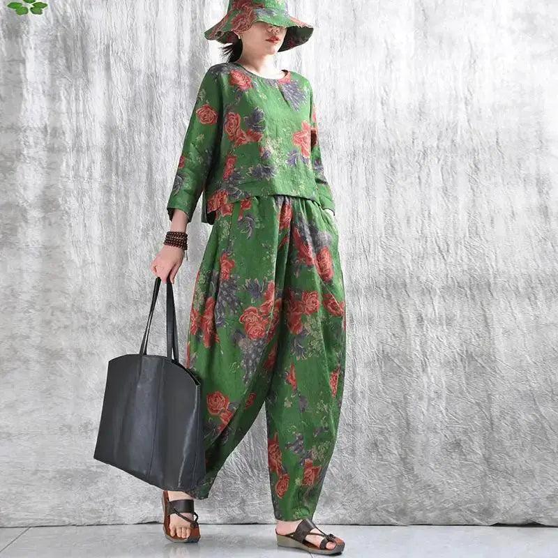 Women's Green Floral Linen Shirt & Bloomers Set - Breathable Summer Outfit for Beach, Vacation & Casual Wear