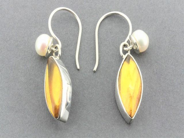 Elegant Almond-Shaped Amber & Freshwater Pearl Earrings in Sterling Silver - Perfect for Weddings, Parties & Special Occasions