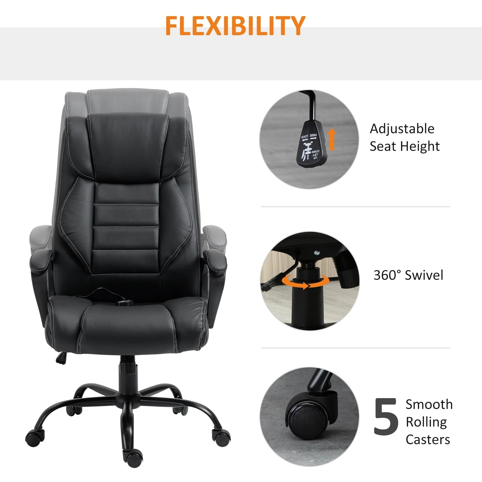Premium High Back Executive Office Chair - Faux Leather Massage Chair with 6-Point Vibration & 360° Swivel - Black/Gray Options - Perfect for Home Office & Workspace Comfort