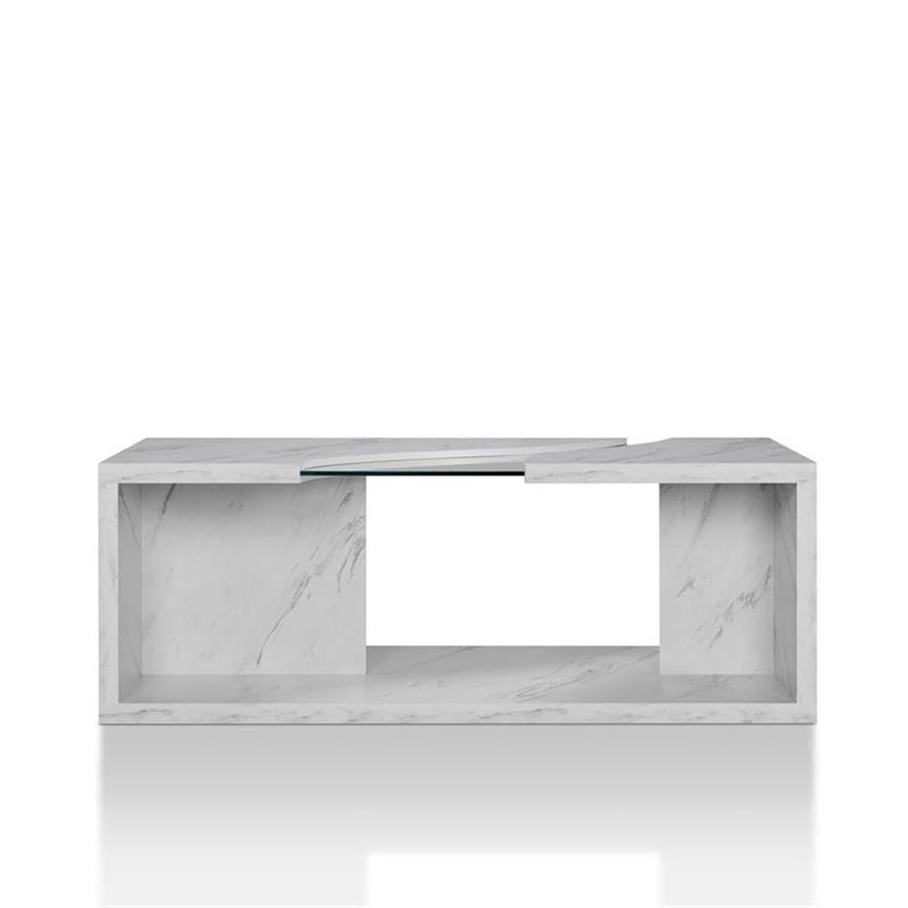 BOWERY HILL Modern Glass Top Coffee Table with Marble White Base - Perfect for Living Room, Lounge & Office Decor
