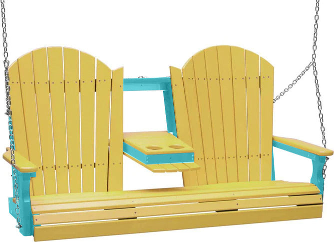 LuxCraft 5ft Yellow Adirondack Porch Swing - Recycled Plastic Outdoor Furniture with Cup Holder | Perfect for Patio, Garden, Backyard Relaxation