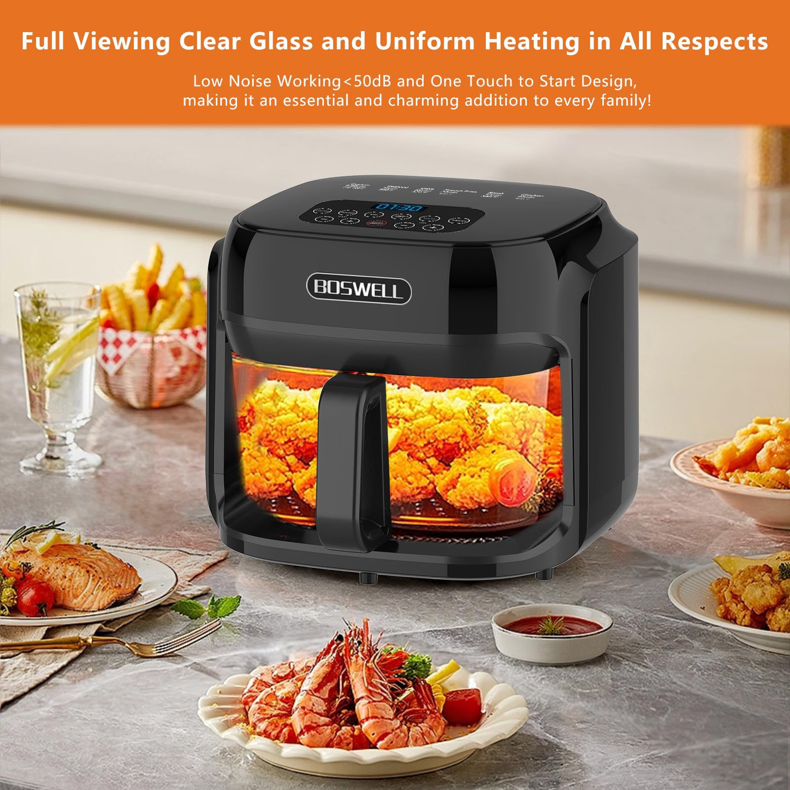 BOSWELL 7.5QT Glass Air Fryer with Transparent Basket - Digital Temperature Control, 360° Rapid Air Circulation, Stainless Steel Design - Dishwasher Safe for Easy Cleaning - Perfect for Family Dinners, Healthy Snacks & Crispy Fried Foods (Black)