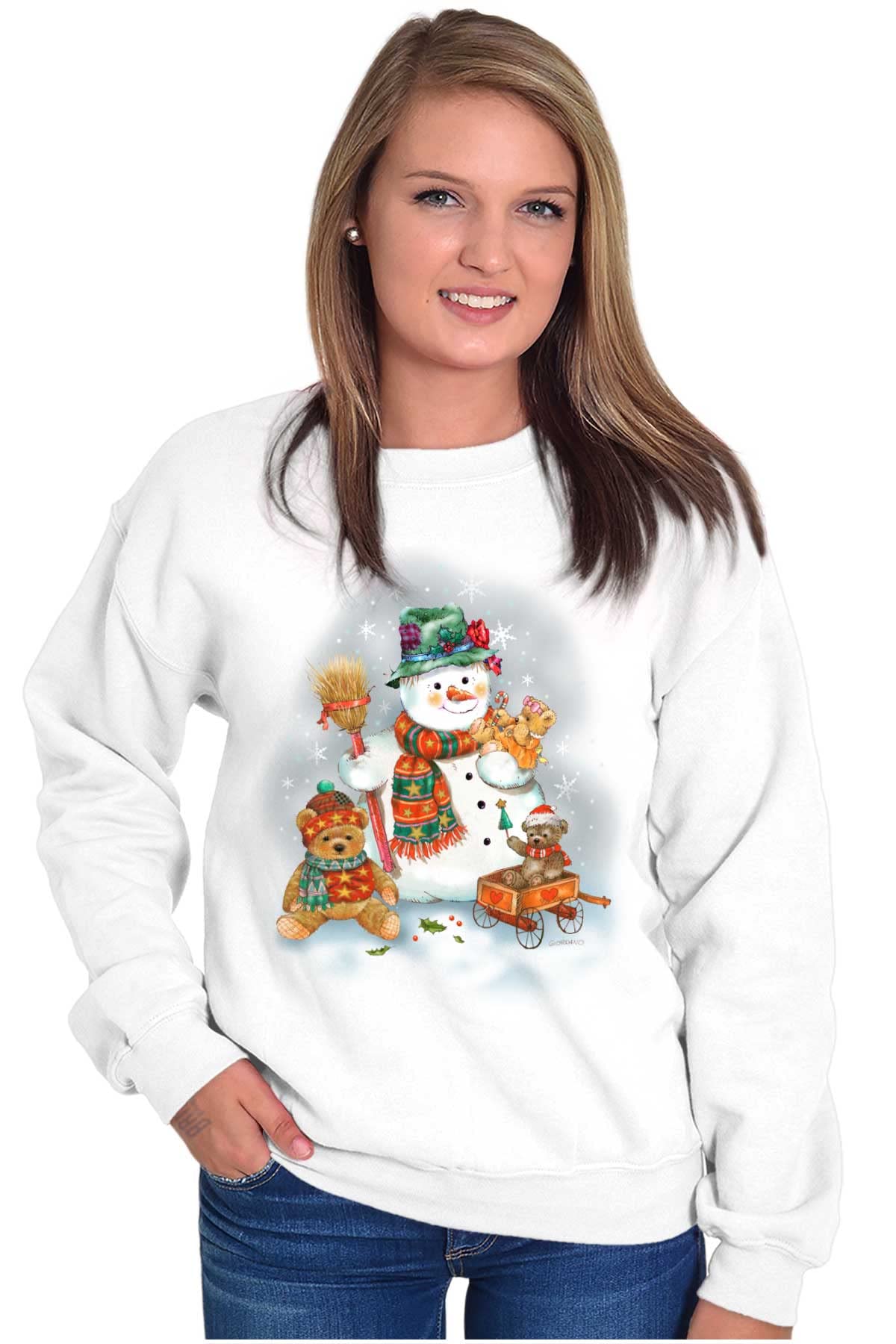 Christmas Snowman & Teddy Bear Women's Crewneck Sweatshirt - Cozy Holiday Sweater for Winter Parties, Gift Exchange & Family Gatherings