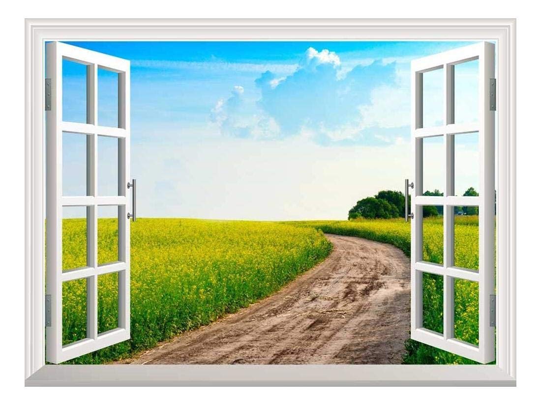 Wall26 Removable Wall Sticker & Mural - Peaceful Summer Countryside Landscape with Field and Rural Road | Creative Window View Home Decor for Living Room, Bedroom, Nursery | 36x48 Inch Peel and Stick Wall Art