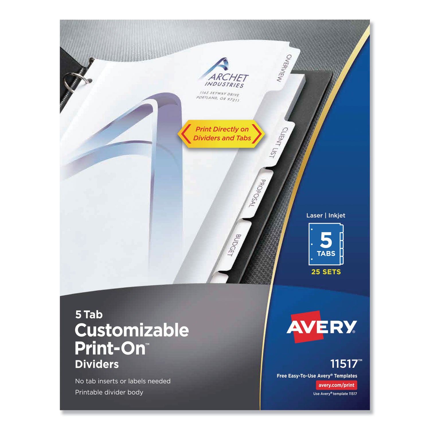 Avery® Customizable Print-On Dividers - 3 Hole Punched, 5 Tab, 11 x 8.5 Inches, White, 25 Sets - Perfect for Binders, Office Organization & School Projects