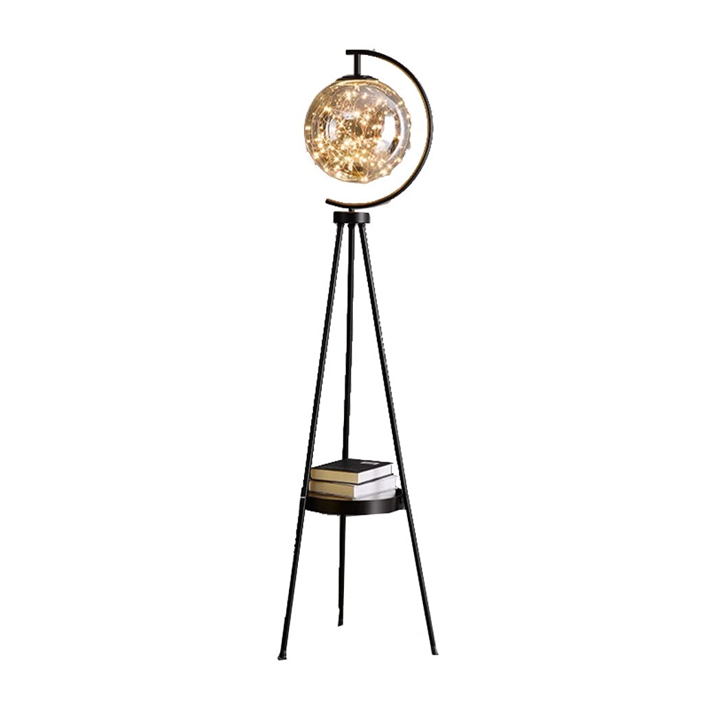 Modern Tripod Floor Lamp with Shelf & Glass Lampshade - Mid Century LED Standing Light for Office, Living Room & Bedroom - Adjustable Tall Lamp with Side Table (Black) - Perfect for Reading, Working & Ambient Lighting