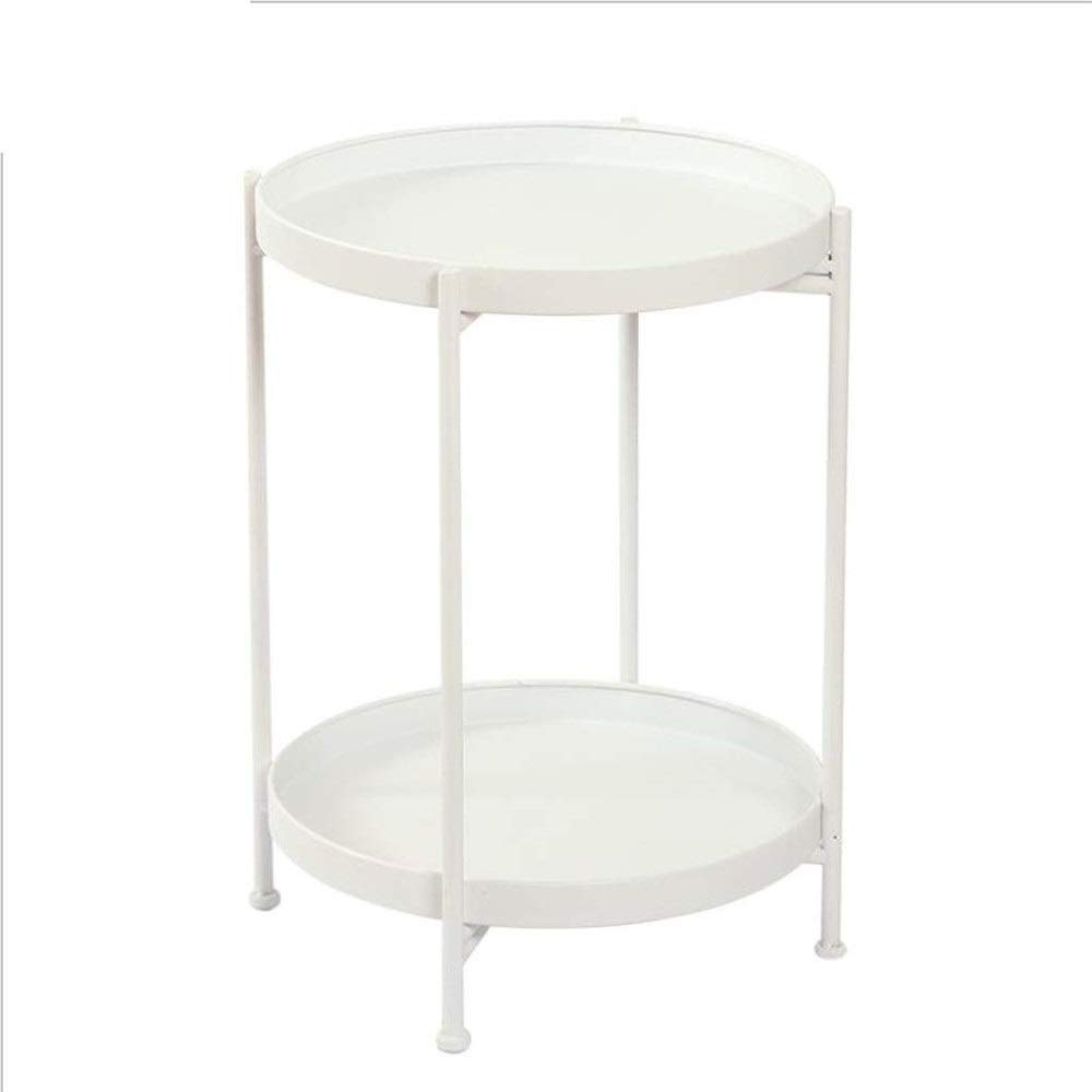2-Tier Round Wrought Iron Side Table - Small Coffee Table, Bedside Table, Sofa End Table with Storage Shelf | Perfect for Living Room, Bedroom, Office & Snack Table (White)