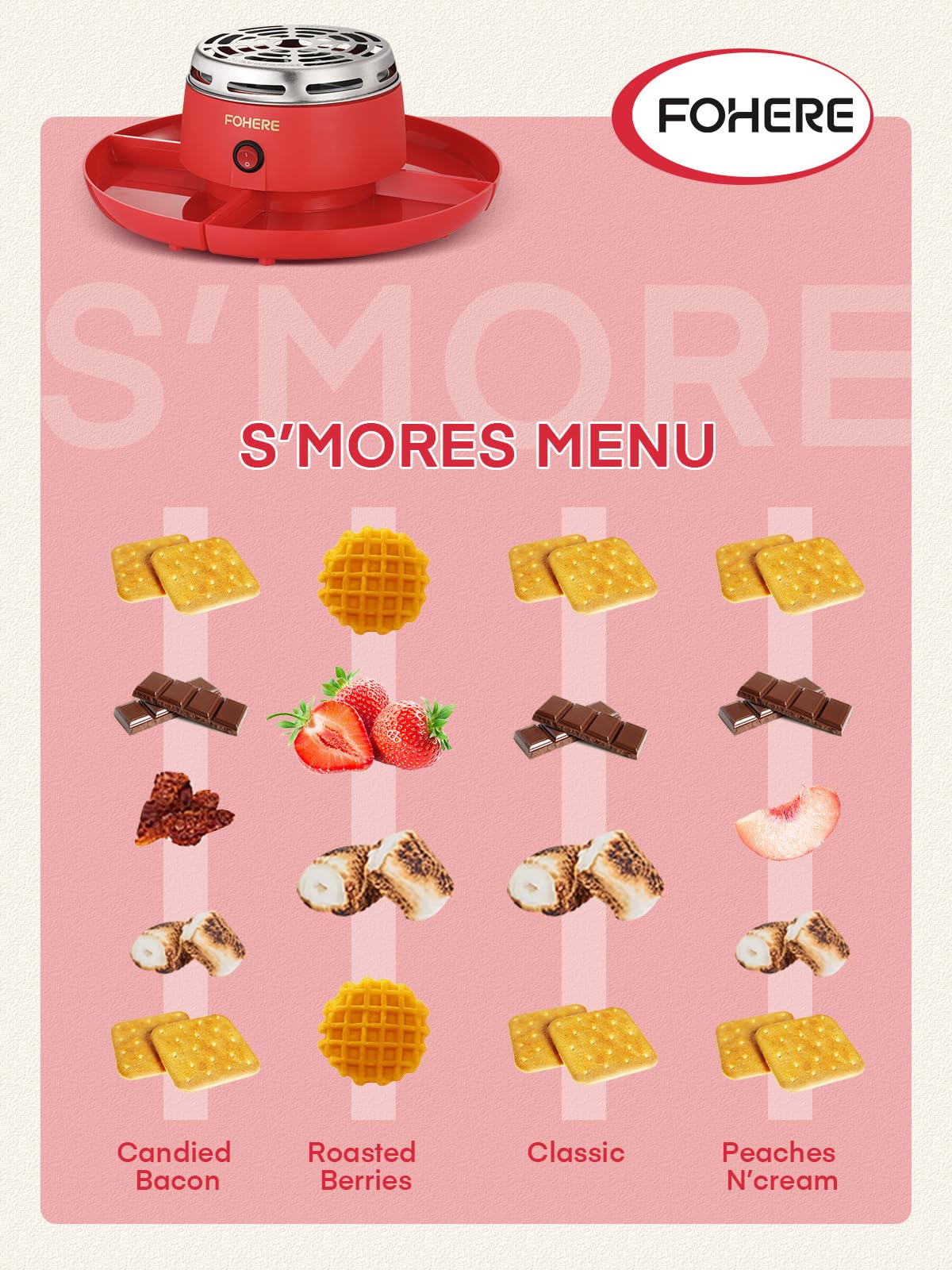 FOHERE Electric Smores Maker Indoor Flameless Marshmallow Roaster with 4 Detachable Trays & 4 Roasting Forks - Perfect for Movie Nights, Camping at Home, Housewarming Gifts & Family Gatherings (Red)