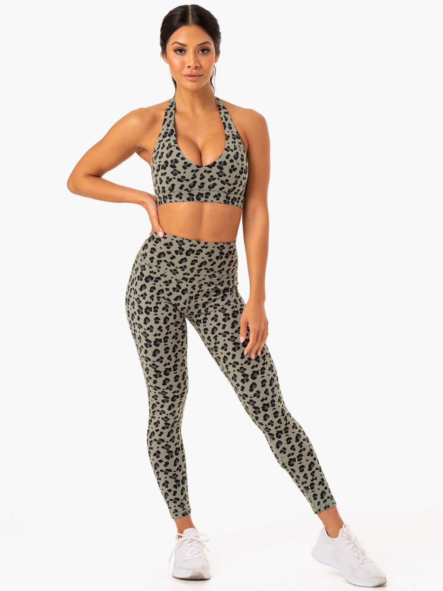 Hybrid Full Length Leggings - Khaki Leopard Print Yoga Pants for Women | High Waisted Workout Leggings for Running, Gym & Lounge