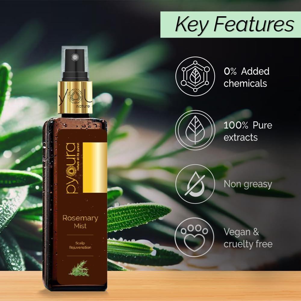 PYOURA Rosemary Water Hair Mist Spray 50ml - Natural Hair Growth Treatment for Hair Fall Control & Scalp Health | Heat Protection, Non-Oily Ayurvedic Serum with 100% Pure Rosemary Leaf Extract | Perfect for Daily Hair Care, Styling & Damaged Hair Repair