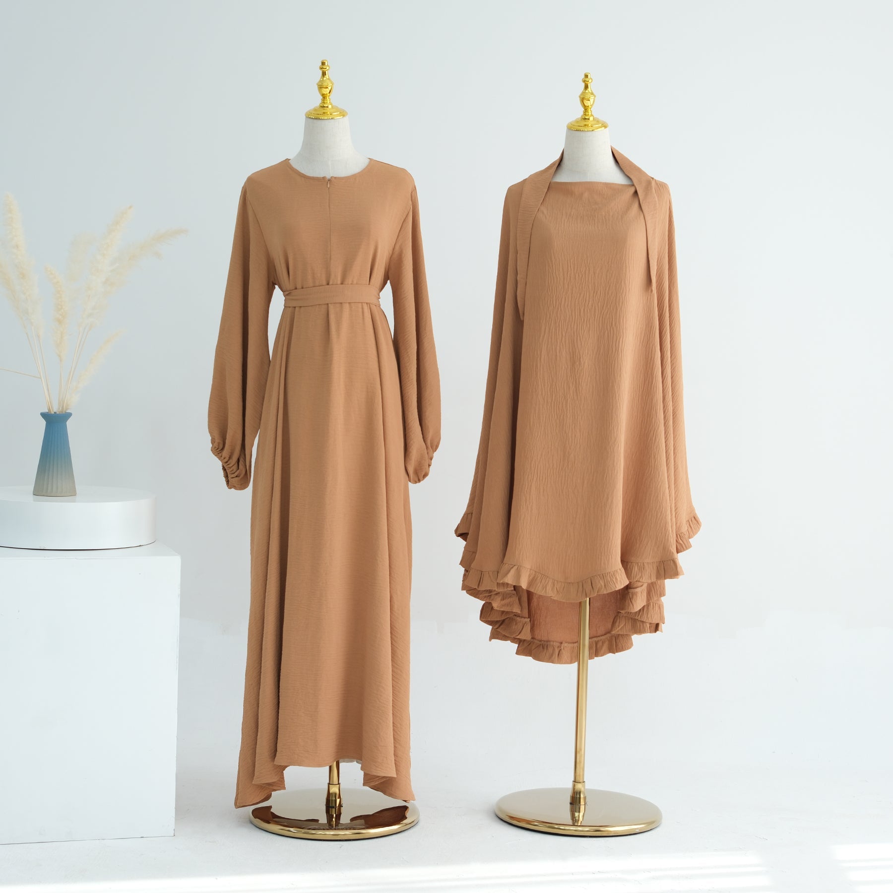 Elegant Muslim Abaya Khimar Set in Camel Color - Modest Prayer Dress for Women, Perfect for Mosque, Eid, and Daily Wear