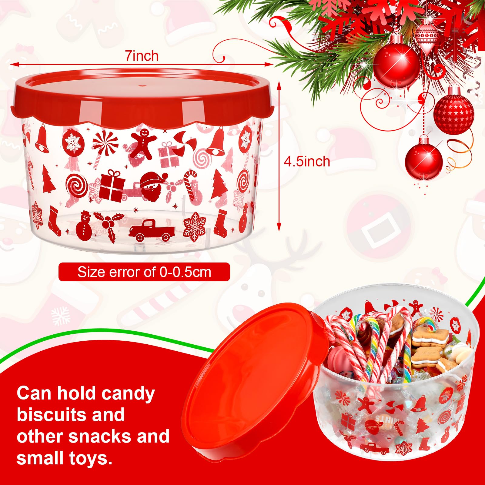Barydat 6-Piece Christmas Cookie Storage Containers with Lids - Holiday Snowman Candy Cane Pattern Plastic Cookie Tins for Christmas Cookies, Candy & Treats - Perfect for Xmas Parties, Winter Celebrations & Festive Gift Giving