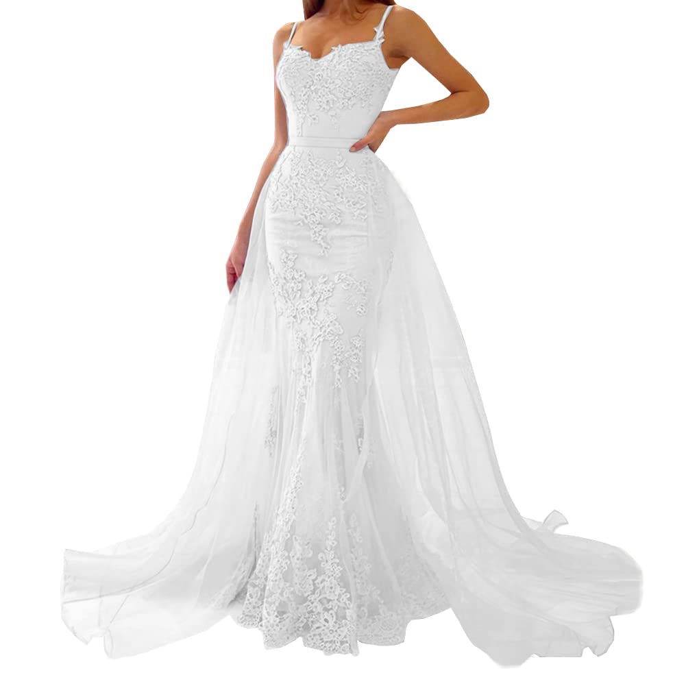 Emanni Women's White Mermaid Prom Dress with Sweetheart Neckline & Detachable Train - Elegant Lace Appliques for Evening Gala, Homecoming, Wedding Guest & Formal Occasions