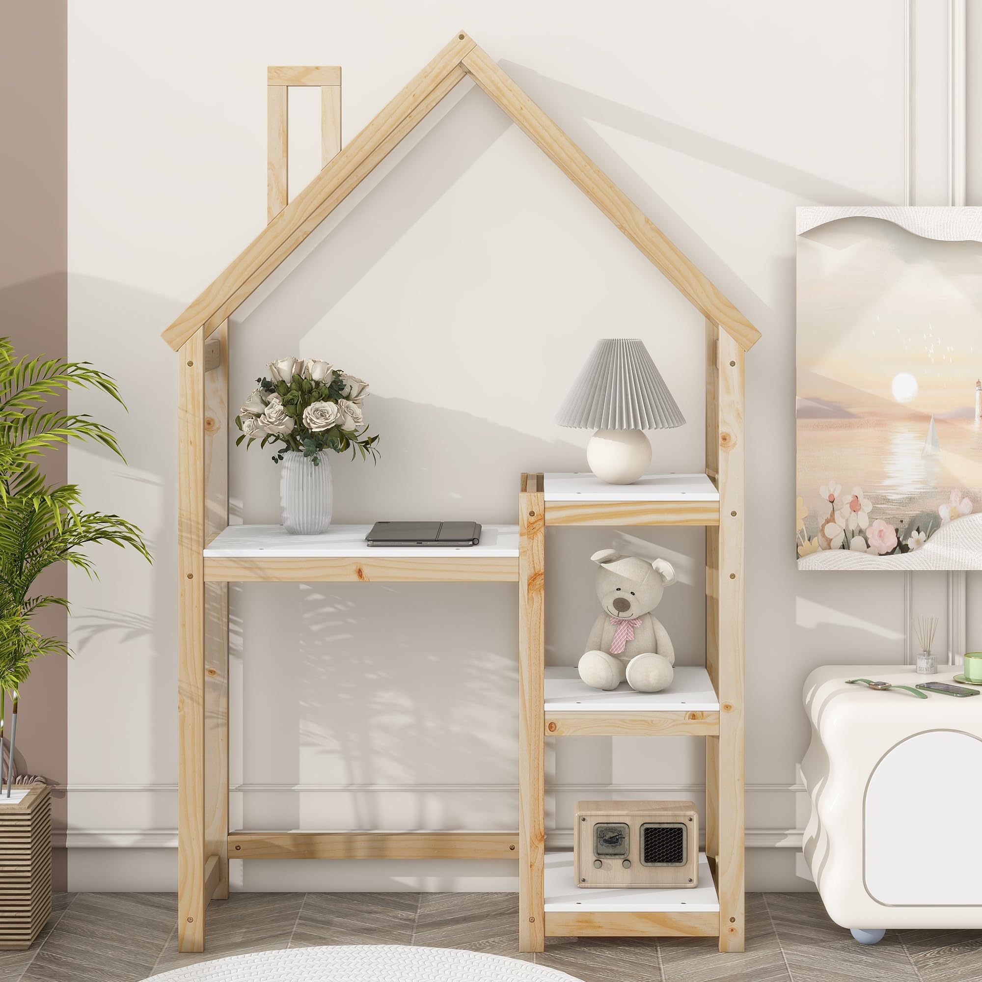 Kids Wooden House-Shaped Writing Desk - Multi-Functional Study Table with 3-Tier Storage Shelves, Open Bookshelf & Toy Organizer - Natural Wood Playroom Furniture for Homework, Crafts & Pretend Play