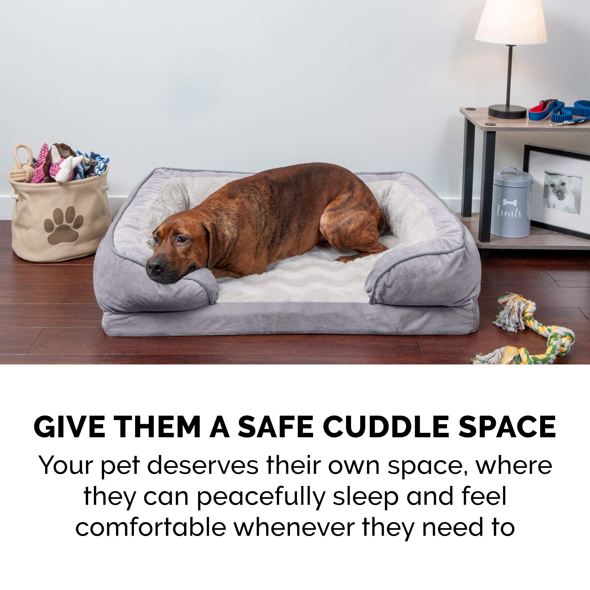 Furhaven Orthopedic Dog Bed for Large & Medium Dogs - Removable Bolsters & Washable Cover - Plush Velvet Waves Sofa-Style Pet Bed - Supports Up to 55 lbs - Granite Gray - Perfect for Living Room, Bedroom or Crate Comfort