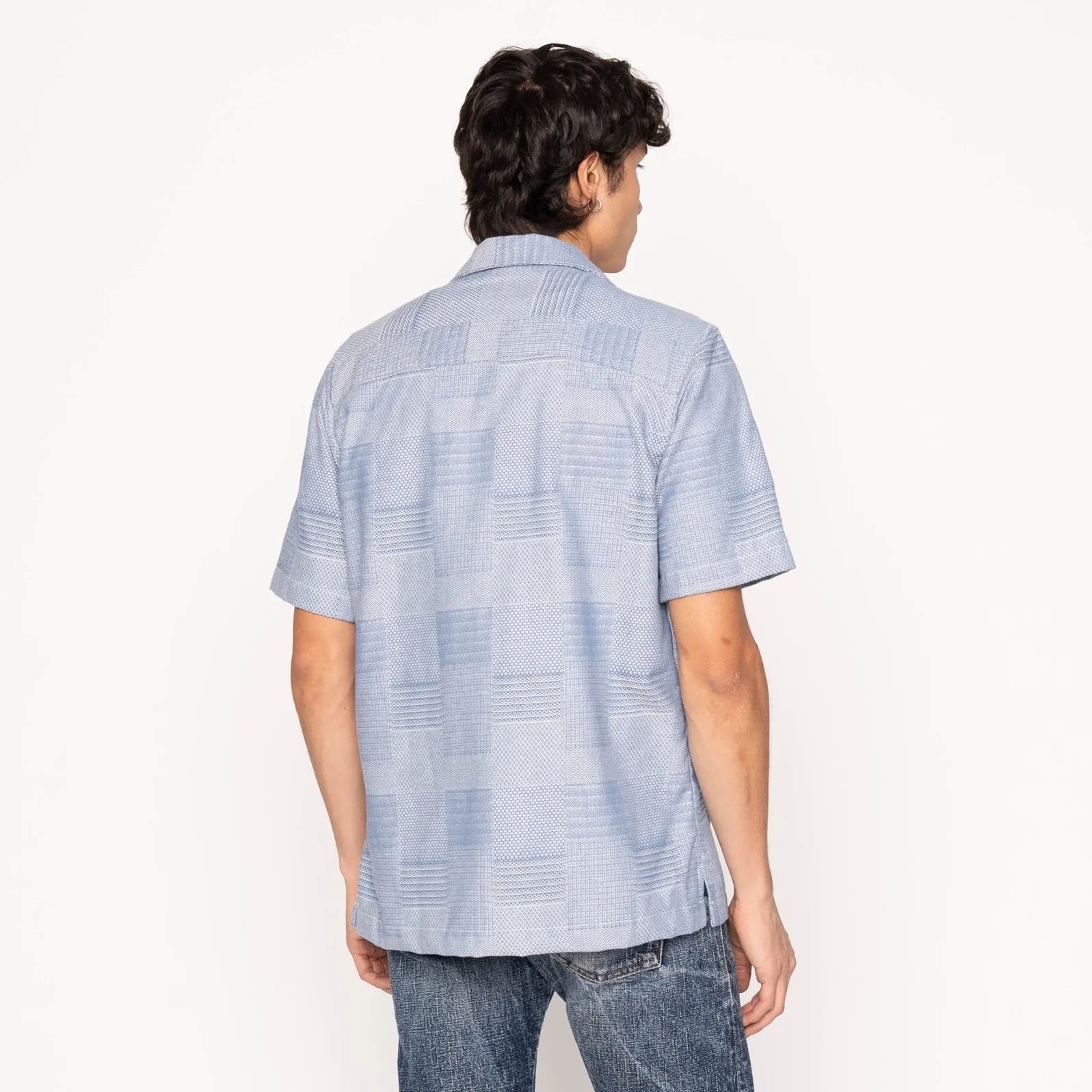 Stylish Aloha Shirt Dobby Patchwork in Pale Blue - Perfect for Summer Vacations & Beach Parties