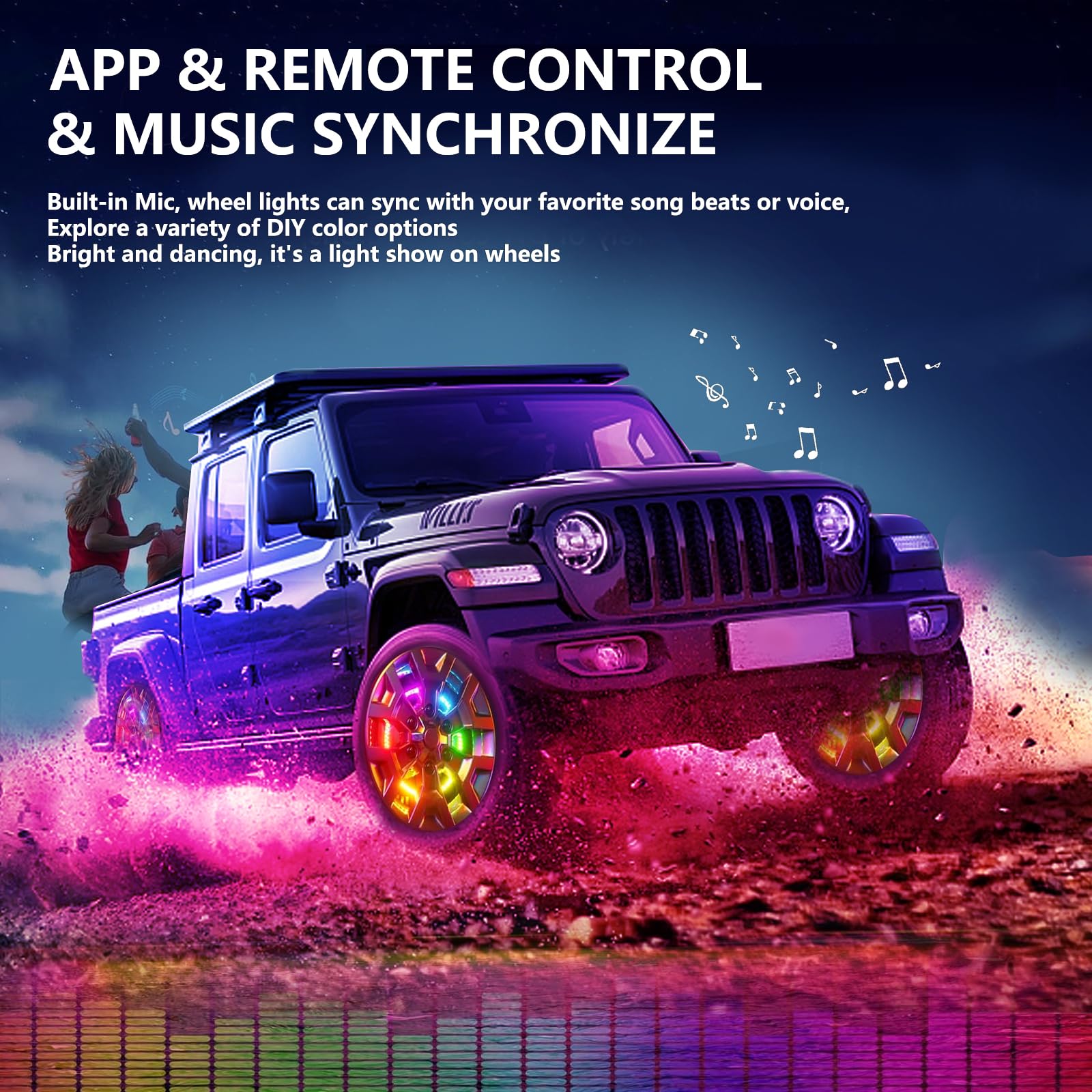 4PCS Brightest 17-inch Strobe LED Wheel Ring Lights for Cars - Double Row Dancing Chasing Colors with Turn Signal & Braking Function - Perfect for Night Driving, Car Shows & Vehicle Customization