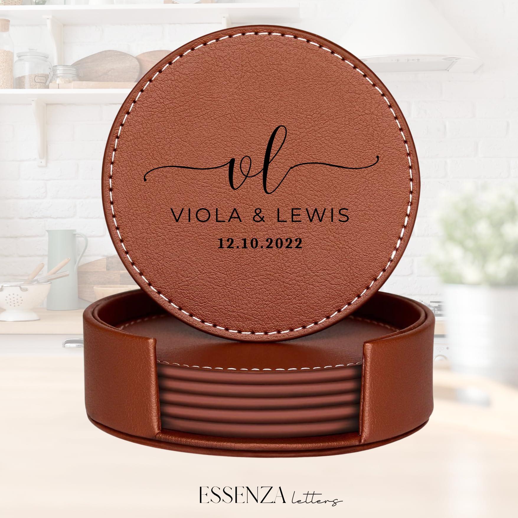 Set of 6 Personalized Engraved Leather Coasters with Holder | Handmade in USA | Custom Wedding, Anniversary & Housewarming Gifts | Perfect for Home Bar, Office Desk & Dinner Parties