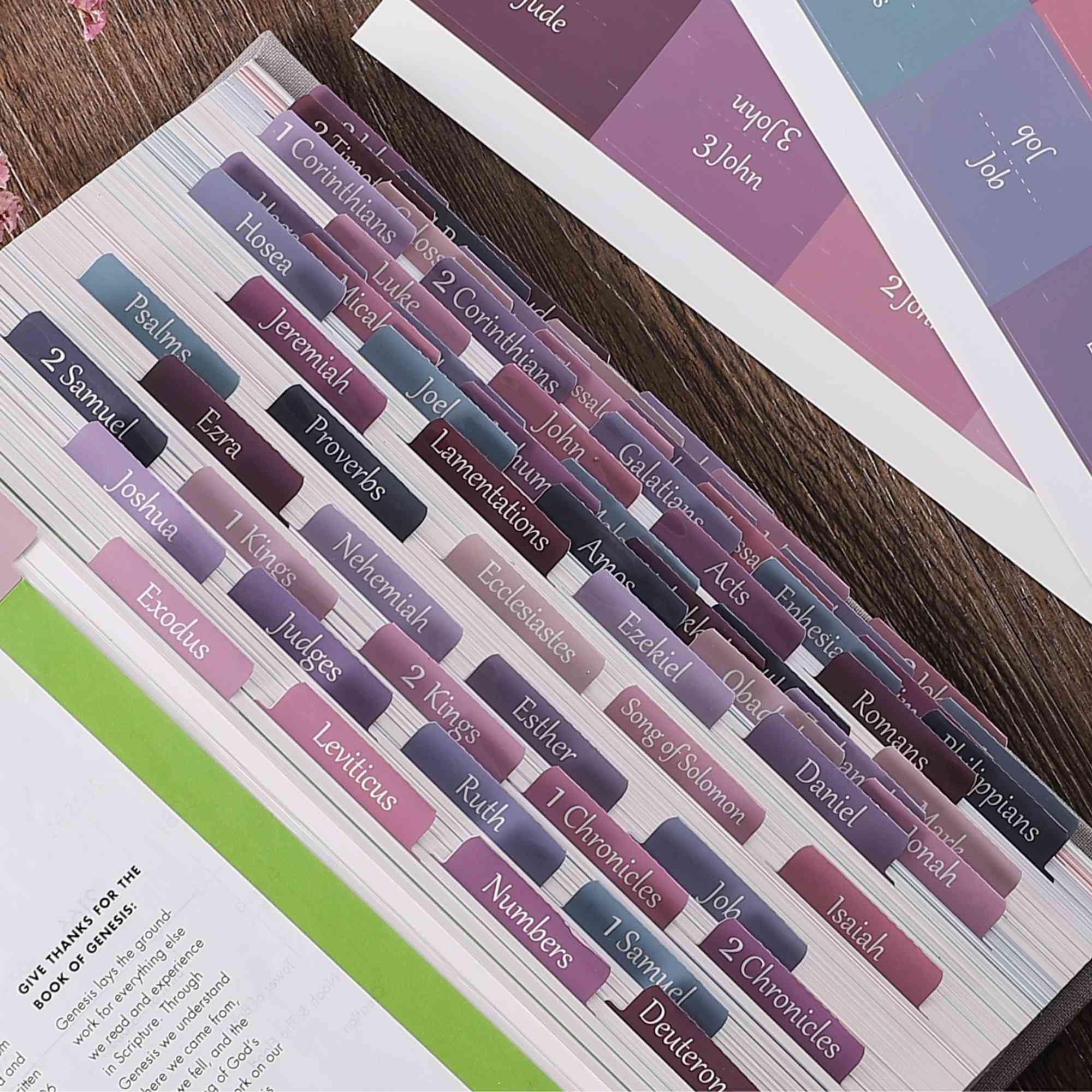 Thinkor Laminated Bible Tabs - Large Print Repositionable Christian Gift for Women & Men - Easy to Read Bible Journaling Tabs (Purple & Pink) - Perfect for Bible Study, Scripture Organization & Church Gifts