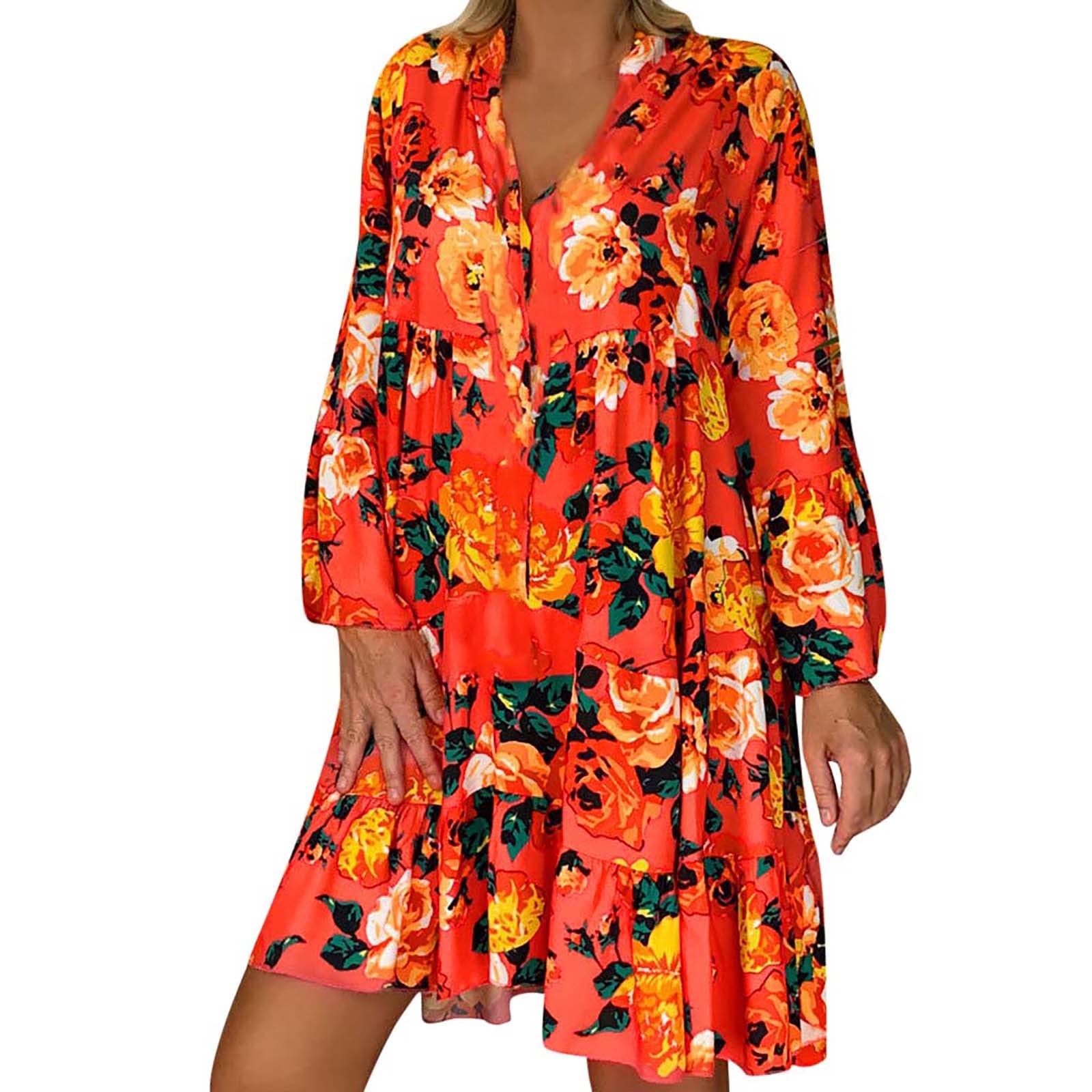 Women's Floral Loose Long Sleeve Swing Dress - Casual Half Open Collar Flowy Maxi Dress for Spring/Summer, Beach, Party & Everyday Wear