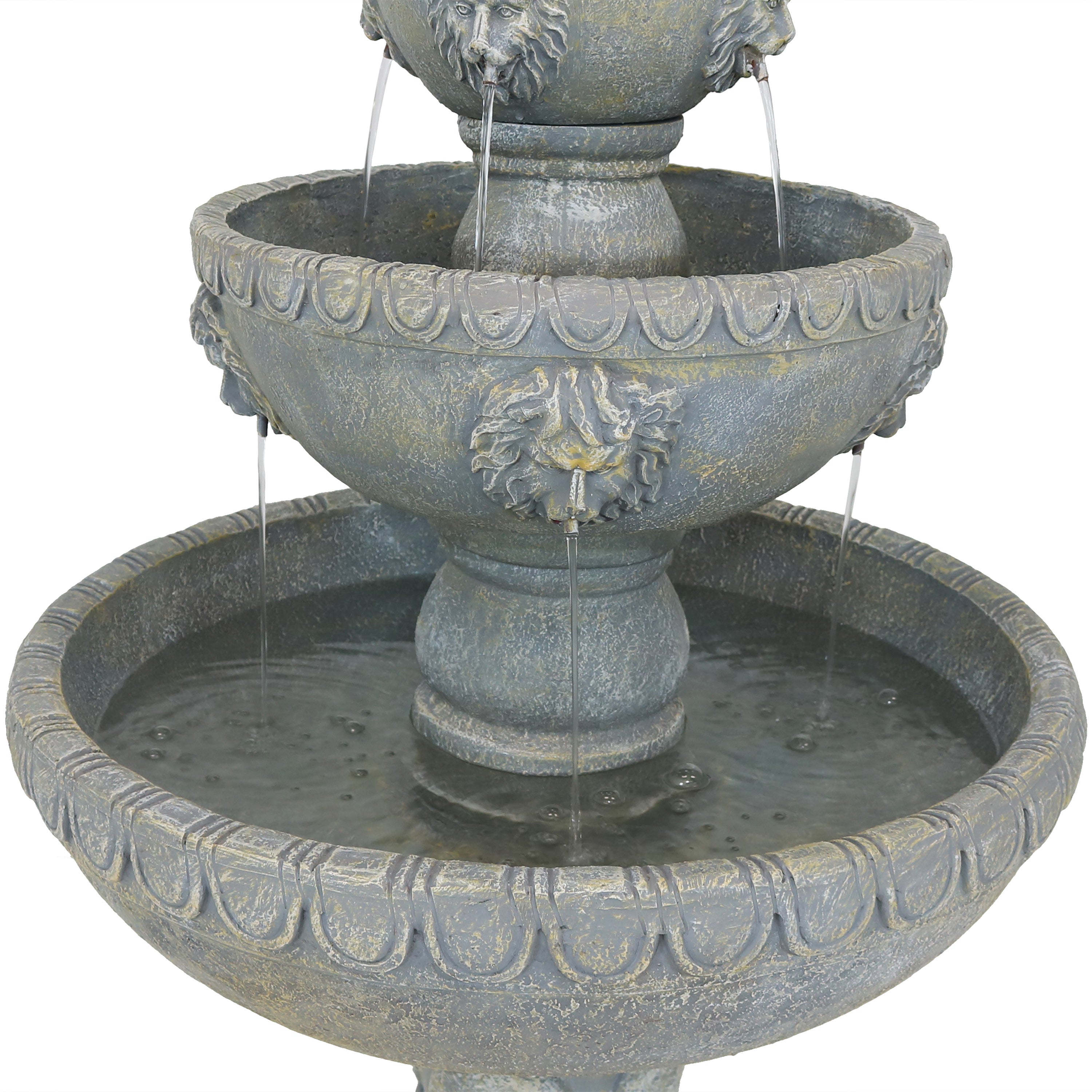 Sunnydaze 3-Tier Lion Head Outdoor Water Fountain with Electric Pump - Perfect for Garden, Patio, and Backyard Decor