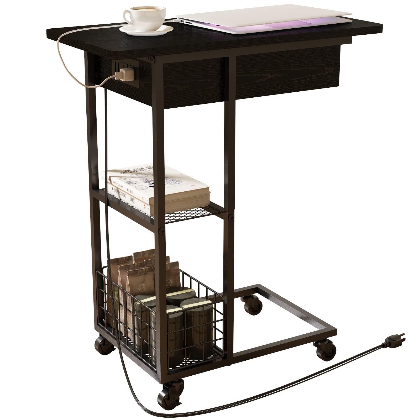 LIDYYK Modern C-Shaped End Table with Built-in Charging Station, Flip Top Design with USB Ports & Outlets, Multi-Functional Sofa Side Table with Storage Shelf - Perfect for Living Room, Bedroom, Office (Black) | Space-Saving Furniture for Small Spaces, Ideal for Holding Drinks, Books & Charging Devices