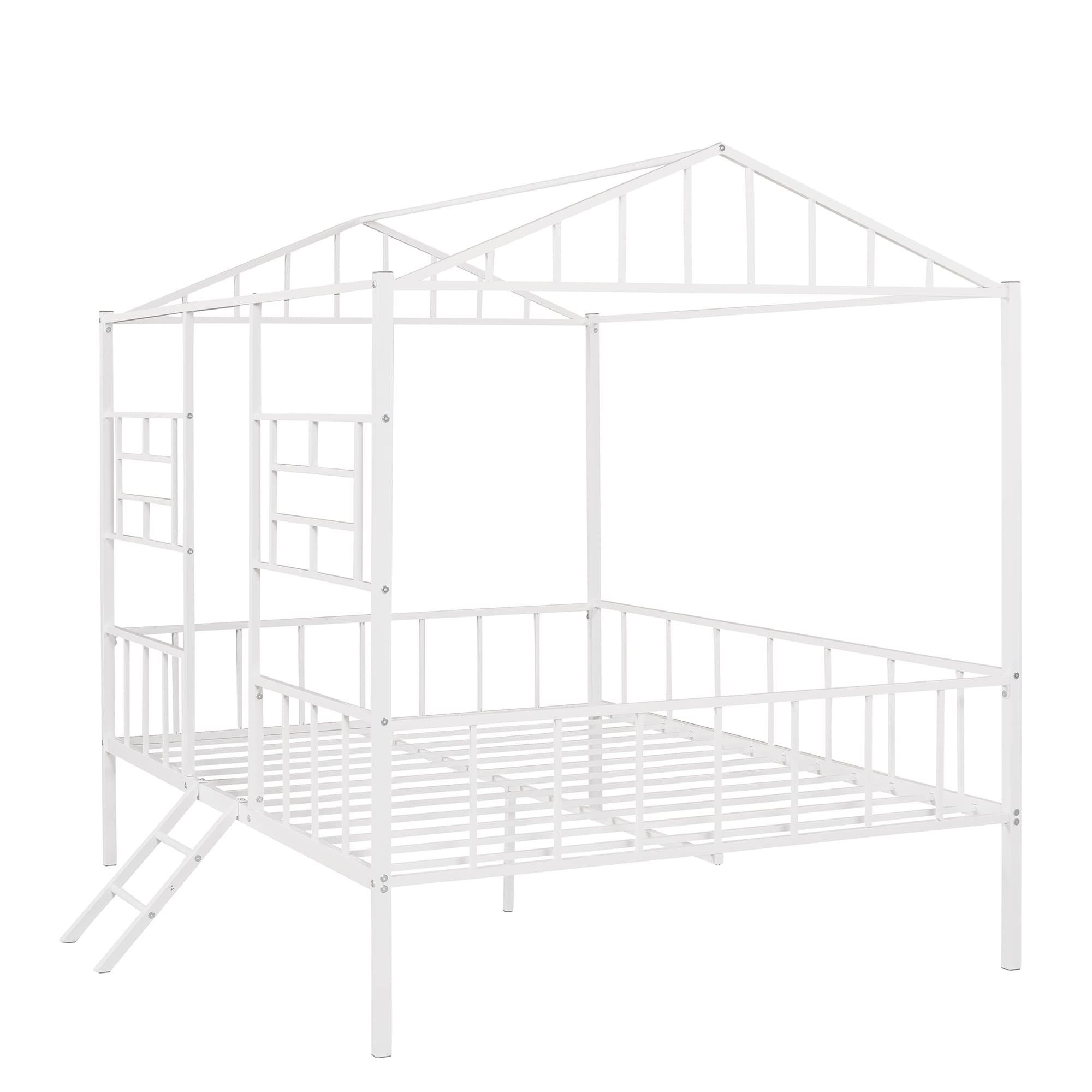 MERITLINE Full House Bed Frame - Metal Platform Bed with House Shape Design for Kids & Teens - Sturdy & Safe for Boys & Girls - White - Perfect for Bedrooms, Playrooms & Sleepovers