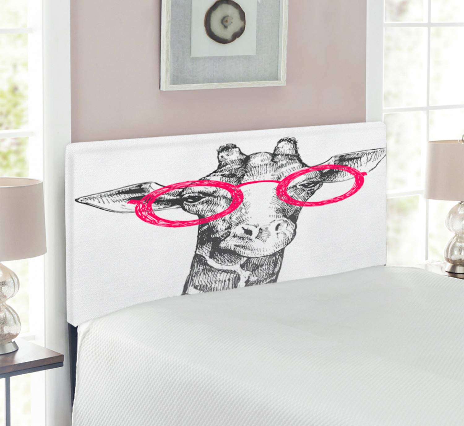 Ambesonne Funny Hipster Animal Retro Fashion Round Glasses Summer Love Hand-Drawn Upholstered Metal Headboard with Memory Foam - Twin Size White & Pink Decorative Bed Headboard for Teen Girls Room, Dorm Decor & Vintage Style Bedroom