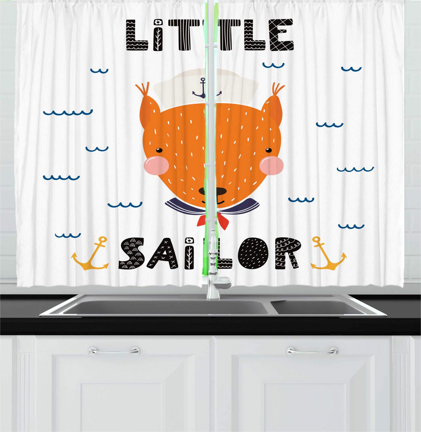 Ambesonne Nautical Kitchen Curtains Set of 2 - Marine Themed Fox & Sailor Doodle Print with Anchors & Waves - 55