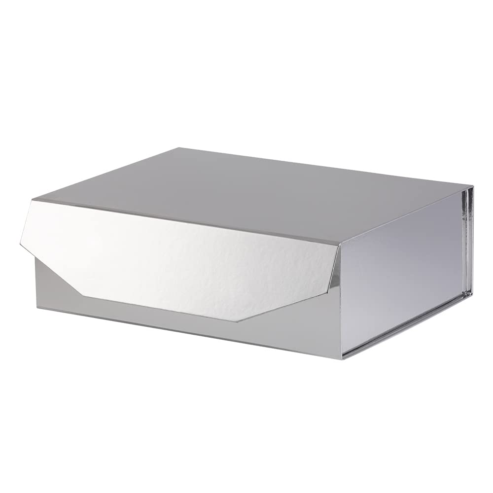 13x9x4 Inch Silver Large Gift Box with Lid - Magnetic Closure, Collapsible & Reusable Bridesmaid Proposal Box, Groomsman Gift Box for Clothes, Jewelry & Accessories (Glossy Silver) - Perfect for Weddings, Anniversaries & Special Occasions