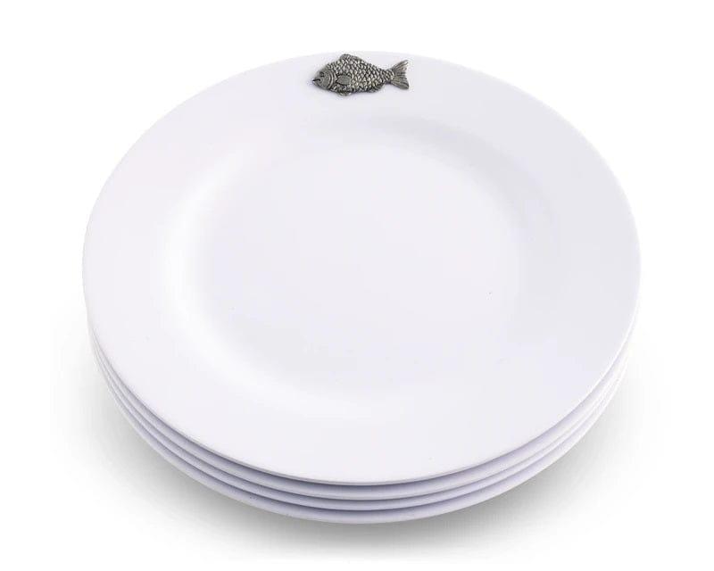 Premium White Melamine Dinner Plates Set of 10 with Elegant Pewter Fish Design - Perfect for Outdoor Dining, Picnics, and Beach Parties
