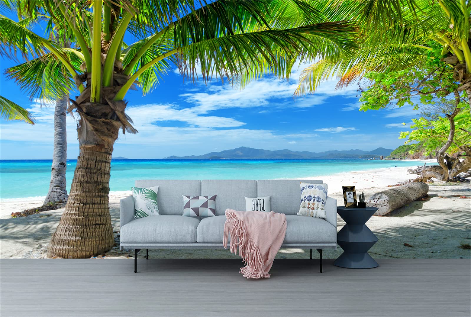 FLFK 3D Peel and Stick Wallpaper - Minimalist Green Tree on White Sand Beach Self-Adhesive Mural (141.7x98.4 inches) for Bedroom, Living Room, Nursery & Office Decor | Easy DIY Home Renovation & Accent Wall Design