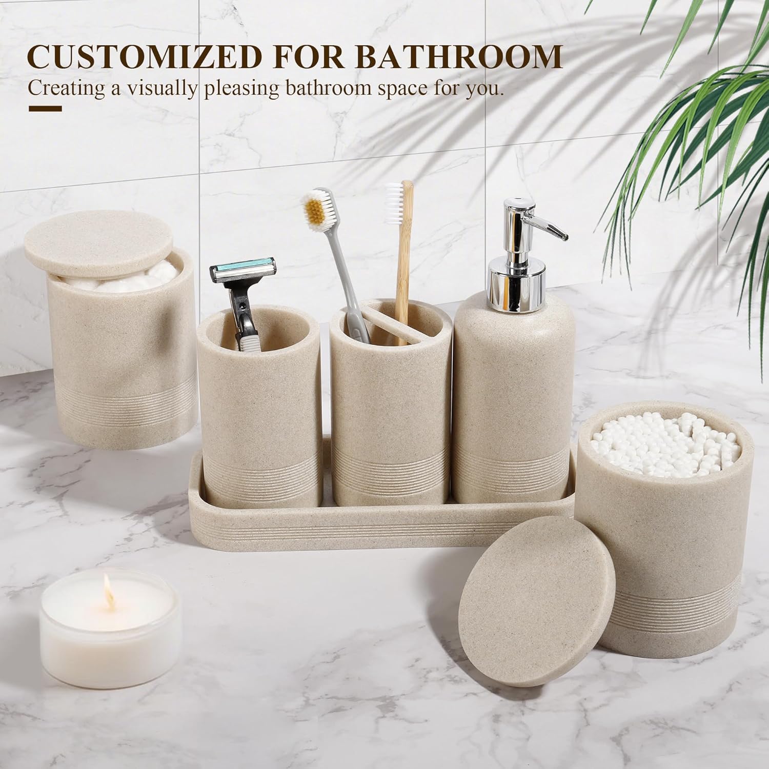 6-Piece Modern Bathroom Accessories Set - Toothbrush Holder, Soap Dispenser, Vanity Tray, Tumbler & Cotton Swab Jars - Beige Bath Organizer for Countertop, Vanity & Spa-Like Bathroom Decor