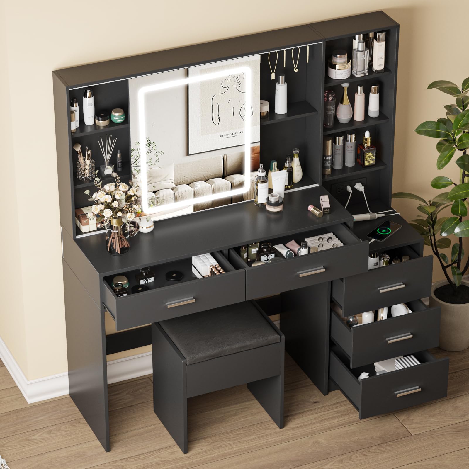Fameill Makeup Vanity Desk with Sliding Mirror & 3-Color LED Lights, Vanity Table Set with Chair, 5 Drawers & Hooks, USB Charging Station - Perfect for Bedroom, Dressing Room & Beauty Salon (Black)