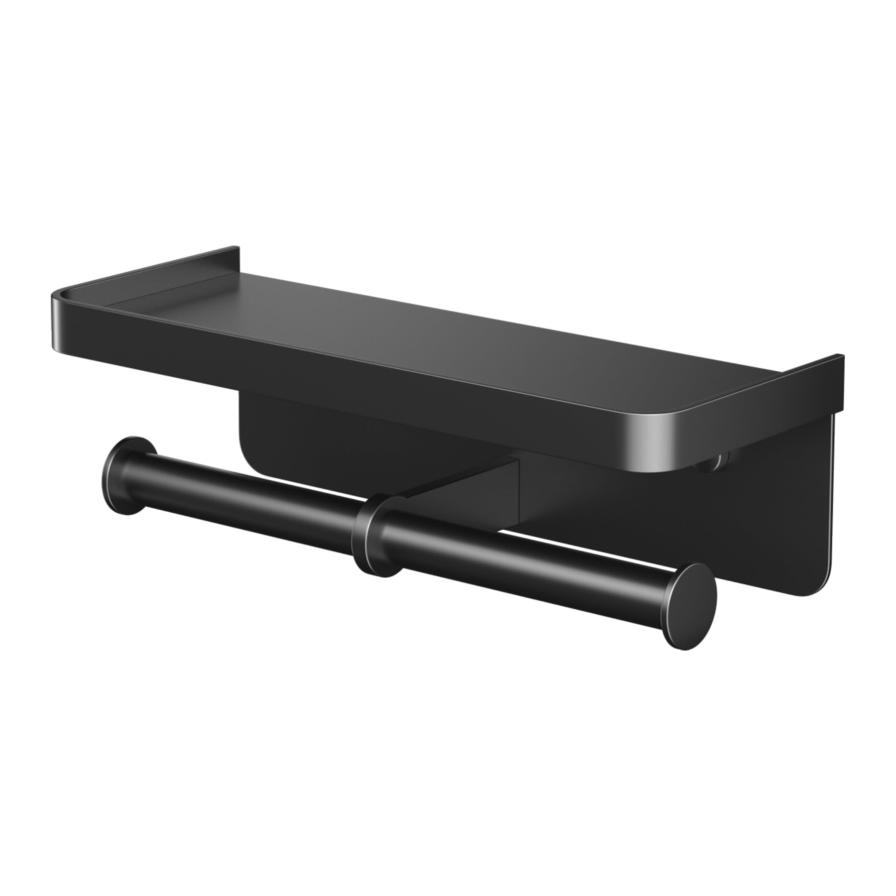 Double Toilet Paper Holder with Shelf - Wall Mounted Bathroom & Kitchen Tissue Roll Holder - Matte Black Paper Towel Rack for RV, Home, Office - Includes Adhesive & Screw Installation - Space Saving Bathroom Organizer for Small Spaces